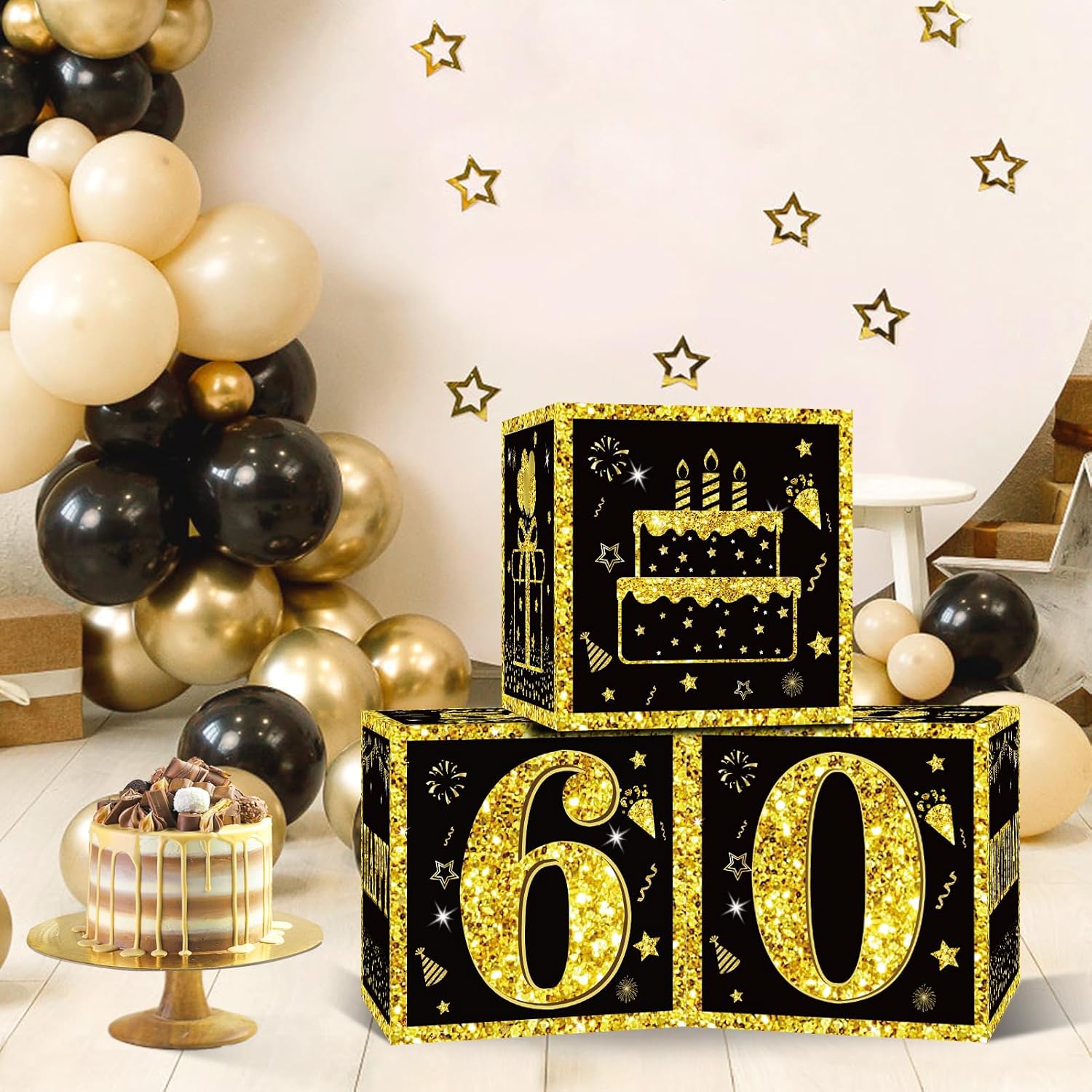 Eiurteao 3pcs 60th Birthday Decorations Boxes for Men Women, Black Gold Happy 60 Birthday Balloons Boxes Party Supplies, 60 Year Old Bday Theme Cardboard Box Decor - Image 2