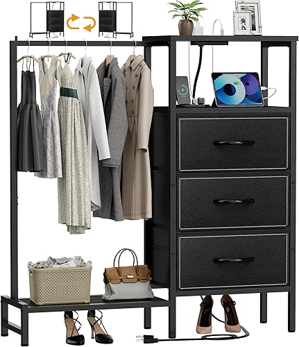 Cómoda para dormitorio con estante para colgar, armario de 3 cajones con estación de carga, cómoda de tela con perchero, organizador de Negro