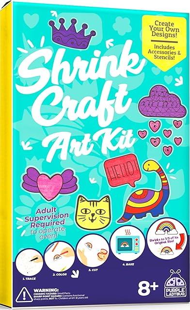 PURPLE LADYBUG Shrink Art Craft Kits for Kids Age 8+ - Fun Arts and Crafts for Kids Age 8 9 10 - Create Cool Hairclips & Keychains - Presents for Kids with 15 Shrink Plastic Sheets, Pencils & More