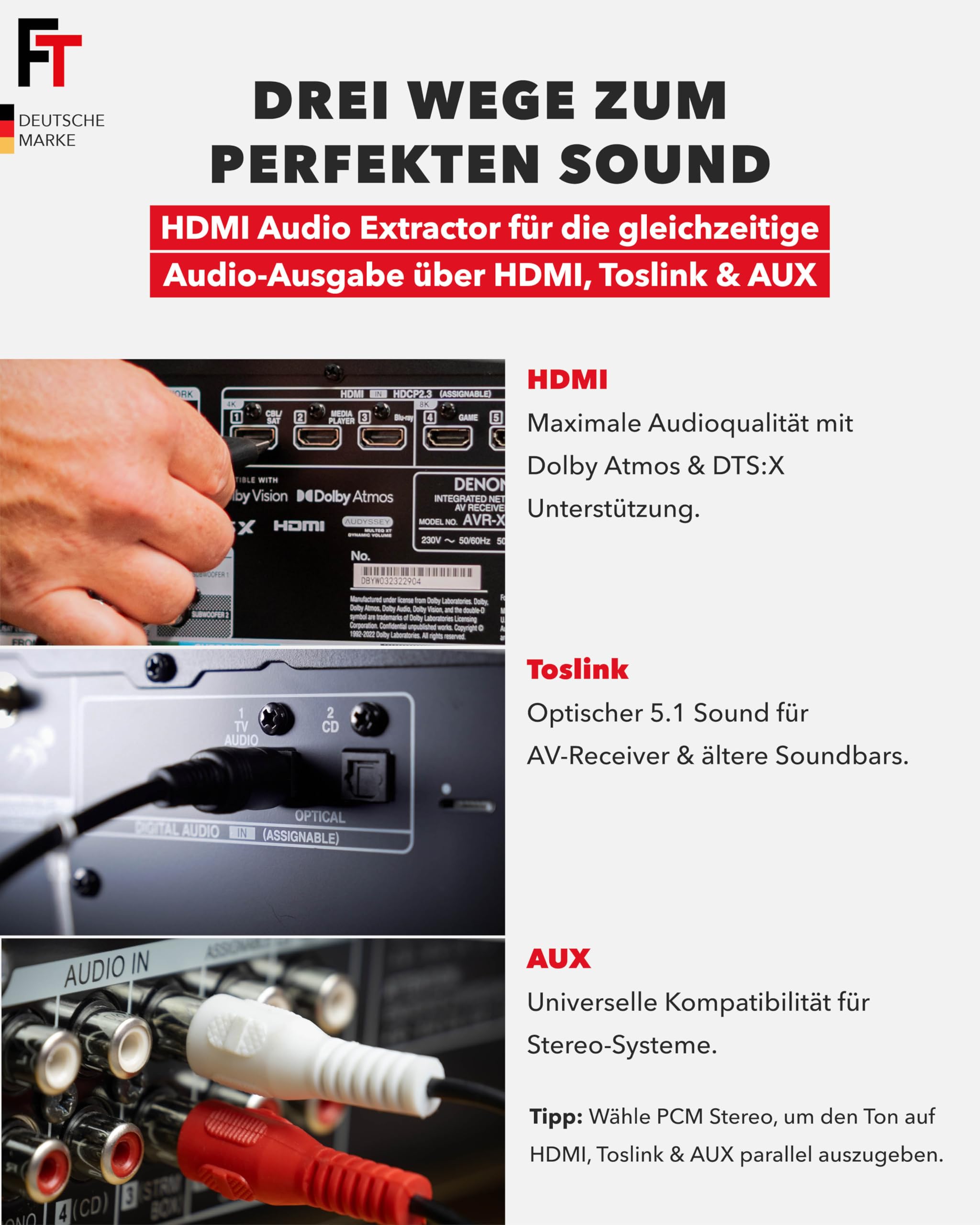 FeinTech SW411 HDMI 2.1 Switch 4 In 1 Out mit Audio Extractor für Soundsysteme mit HDMI-, Toslink- und AUX-Eingang, unterstützt 4K 120Hz & 8K