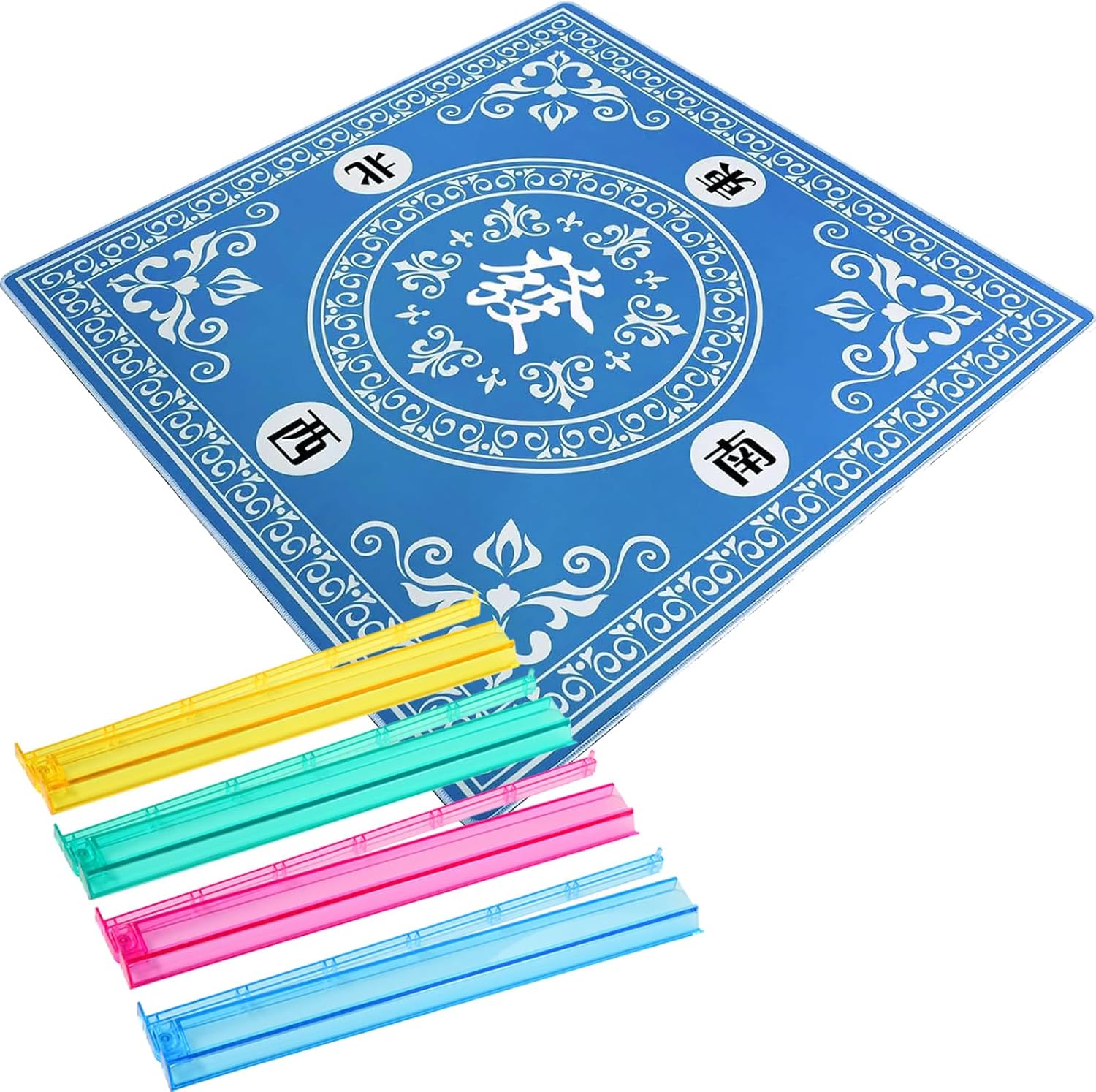 Mahjong All-in-One Tile Rack & Pusher & Blue Mahjong Mat, Clear Acrylic Mahjong Rack and Pusher Combo, Modern American Majiang Tile Racks, Set of 4, Multi Color