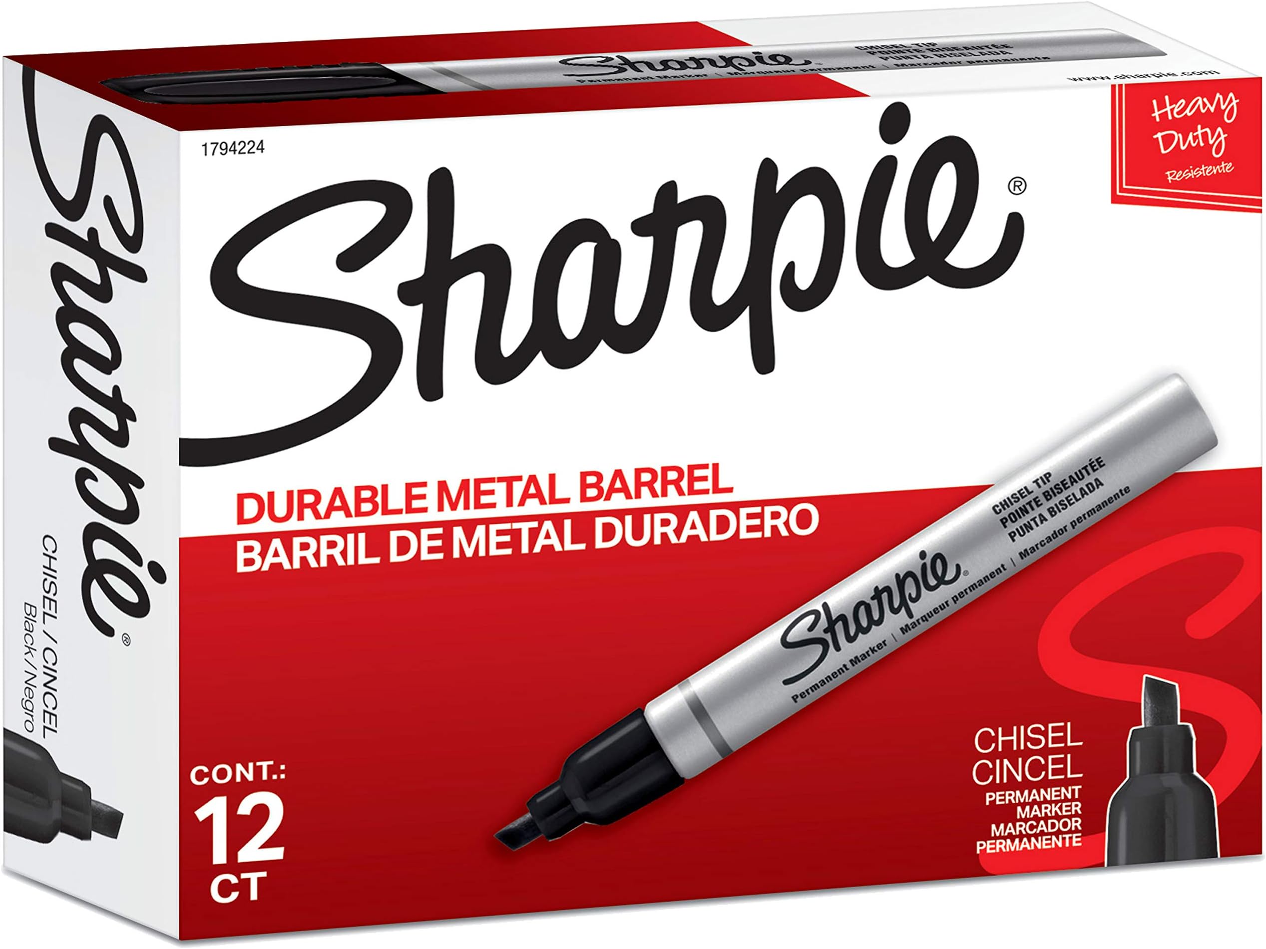 Metal Barrel Permanent Markers, Chisel Tip, Black, 12 Count