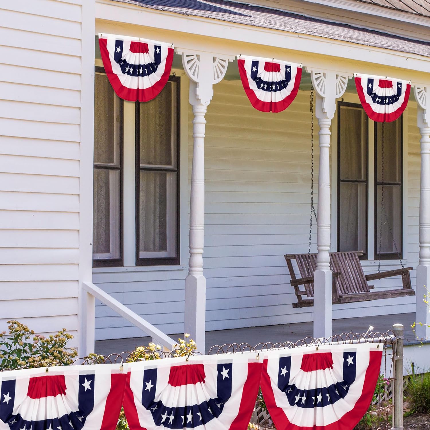 8 PCS Fourth of July Decorations, 1.5 x 3 FT US Pleated Fan Flags, Patriotic Bunting American Flag Banner USA Half Fan Flag Home Garden Outside Decor for 250th Anniversary Independence Day Memorial Day