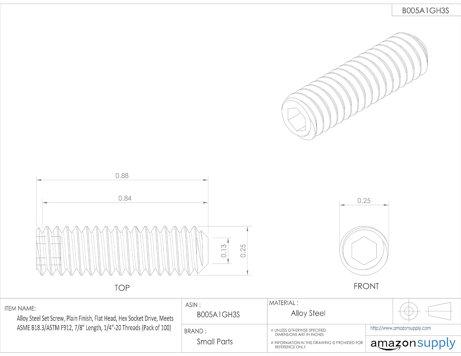 Alloy Steel Set Screw, Plain Finish, Hex Socket Drive, Flat Point, Meets ASME B18.3/ASTM F912, 7/8" Length, 1/4"-20 Threads (Pack of 100)
