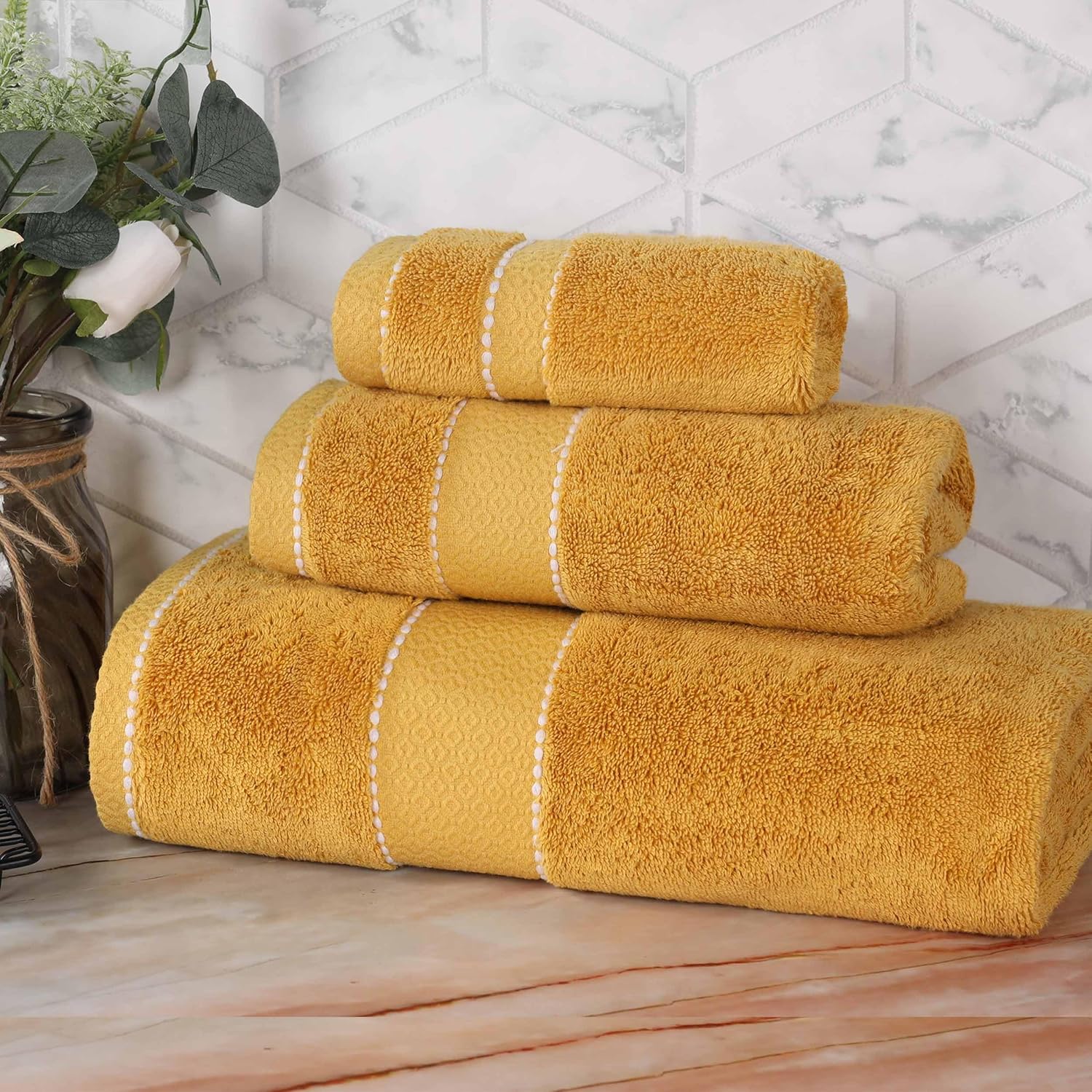 Superior Egypt Produced Giza Cotton 3 Piece Towel Set, Luxury Plush Bathroom Essentials, Quick Dry, Shower, Spa, Soft, Includes 1 Bath, 1 Hand, 1 Washcloth/Face Towel, Niles Collection, Gold