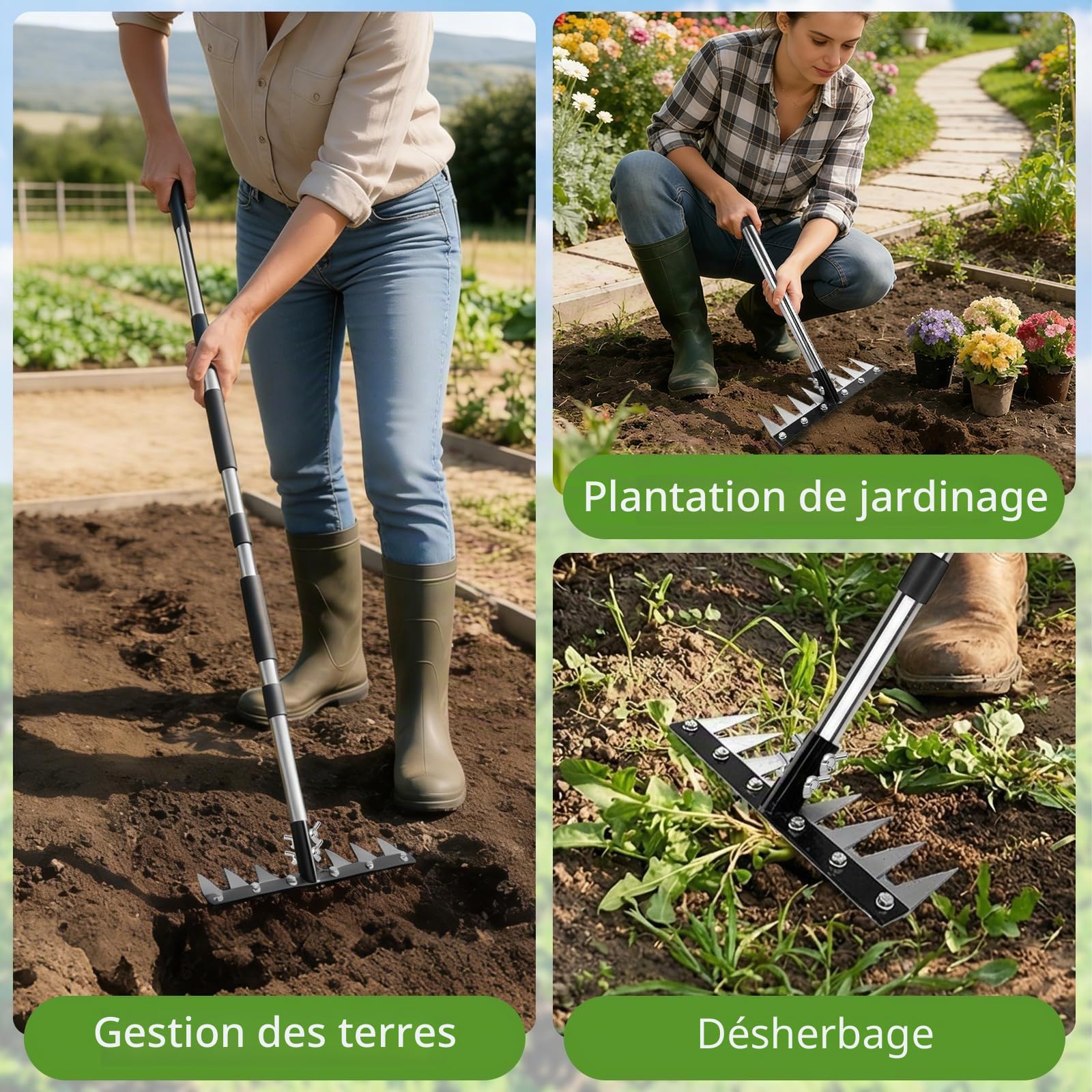 Rateau De Désherbage, Râteau Jardin avec Manche(155cm) Dents Râteau De Désherbage Multifonction en Acier au Manganèse pour Désherber, Desserrer et Semer (8 Dents)
