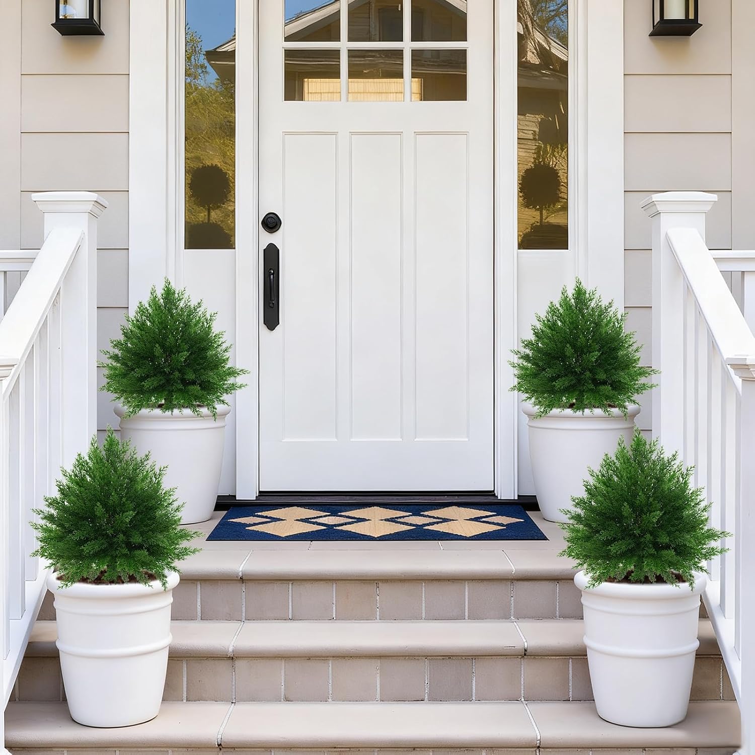 2Pack Artificial Cedar Topiary Ball Trees,16'' UV Resistant Fake Evergreen Shrubs Bushes Plants with Ground Spike Fake Plants for Outdoor Indoor Front Porch Garden