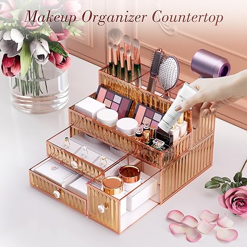 Miniatura 4 de Organizador de maquillaje dorado - Organizador de tocador de vidrio templado para cosméticos, cuidado de la piel, herramientas para el cabello,