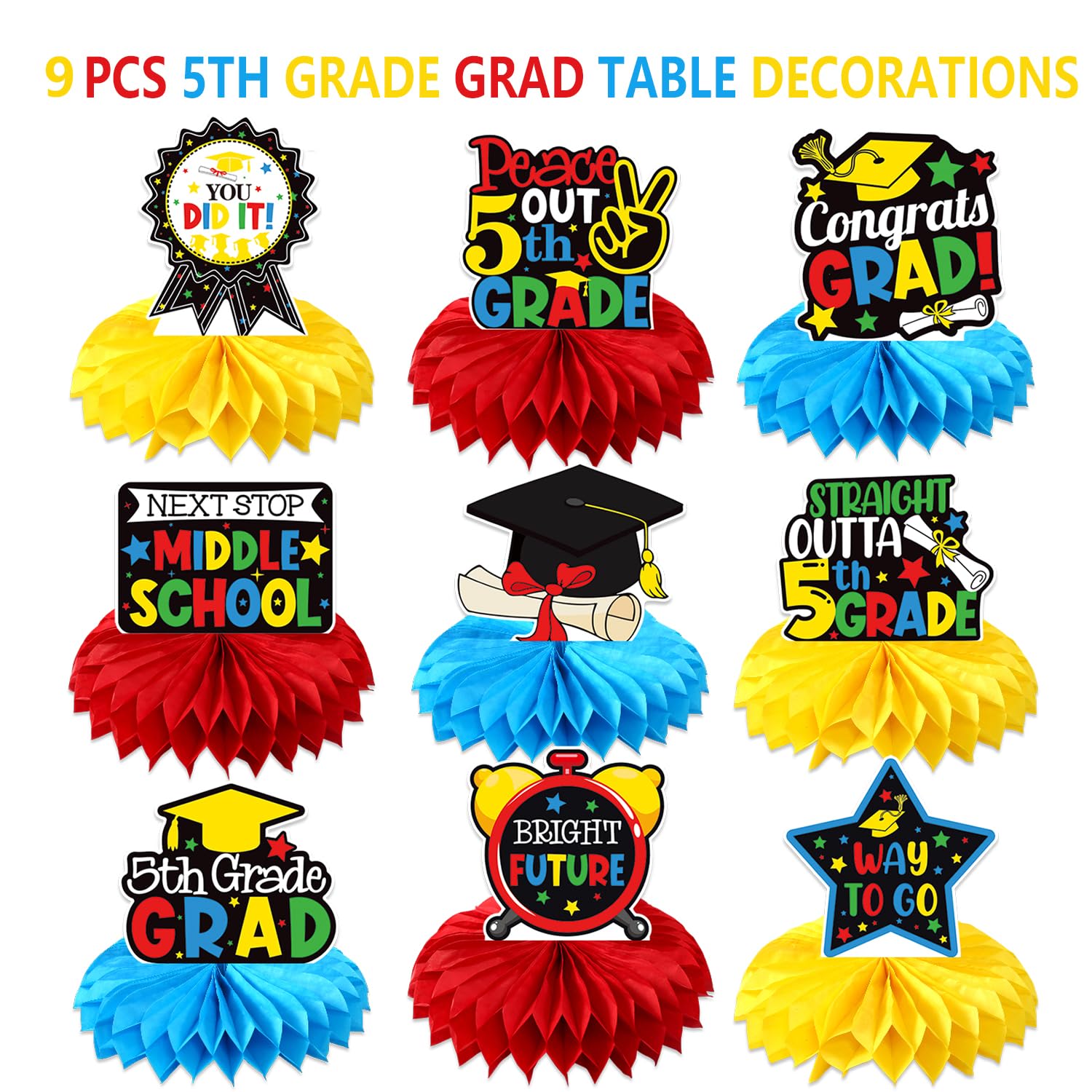 5TH Grade Graduation Honeycomb Centerpieces, 5th Grade Graduation Decorations 2025, Boys Girls Fifth Grade Grad Party Supplies, Elementary School Grad Party Decorations - 9Pcs