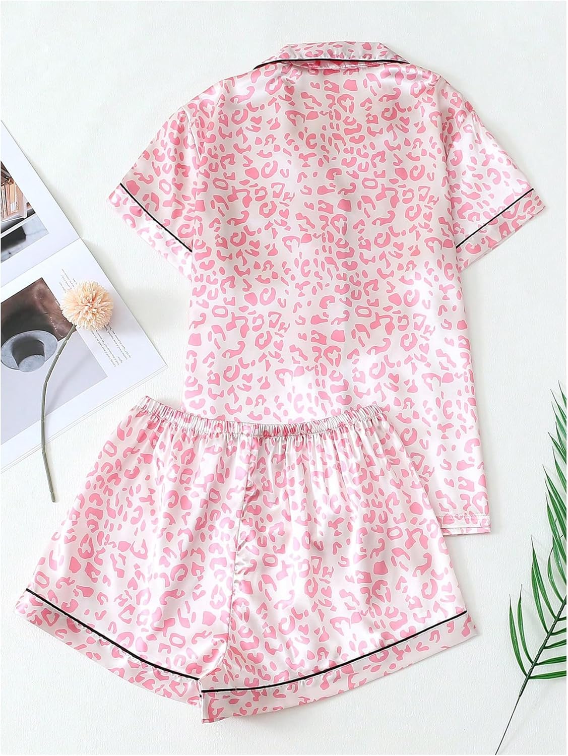 Women's Silk Satin Pajama Set Leopard Print Sleepwear Cheetah Short Sleeve Button Down Pjs Shorts Loungewear - Image 2