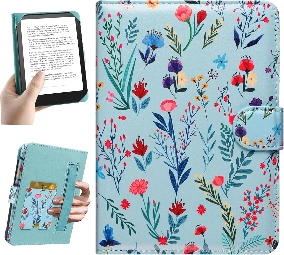 HoYiXi Funda universal para Kindle eReader de 6,8 a 7 pulgadas, compatible con Paperwhite/Pocketbook y Tolino/Kobo Clara 2E/Kobo Clara HD, funda protectora para eReader de 6,8 a 7 pulgadas con ranura para tarjeta incorporada, flor