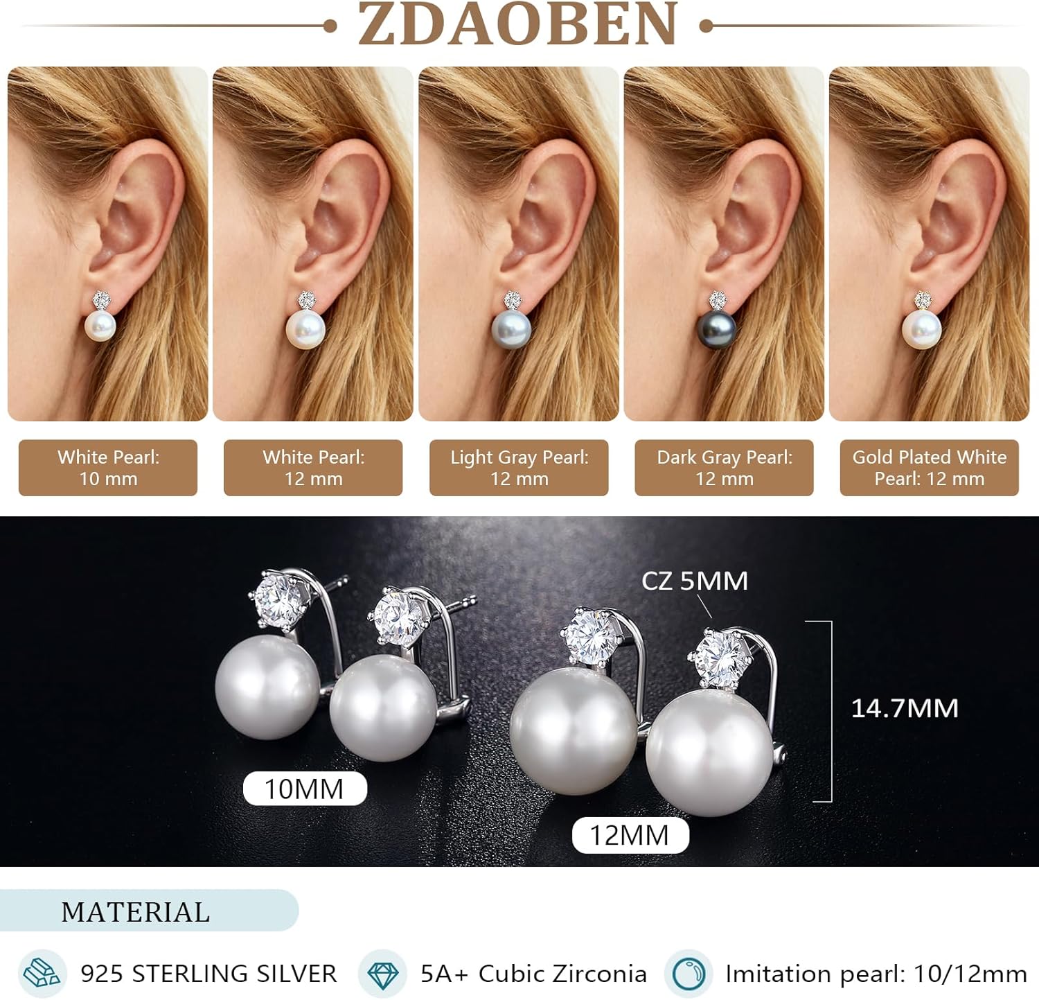Large Pearl Stud Earring, 925 Sterling Silver Cubic Zirconia Pearl Earring for Women, 10MM-12MM Pearl Jewelry Gift for Women - Image 6