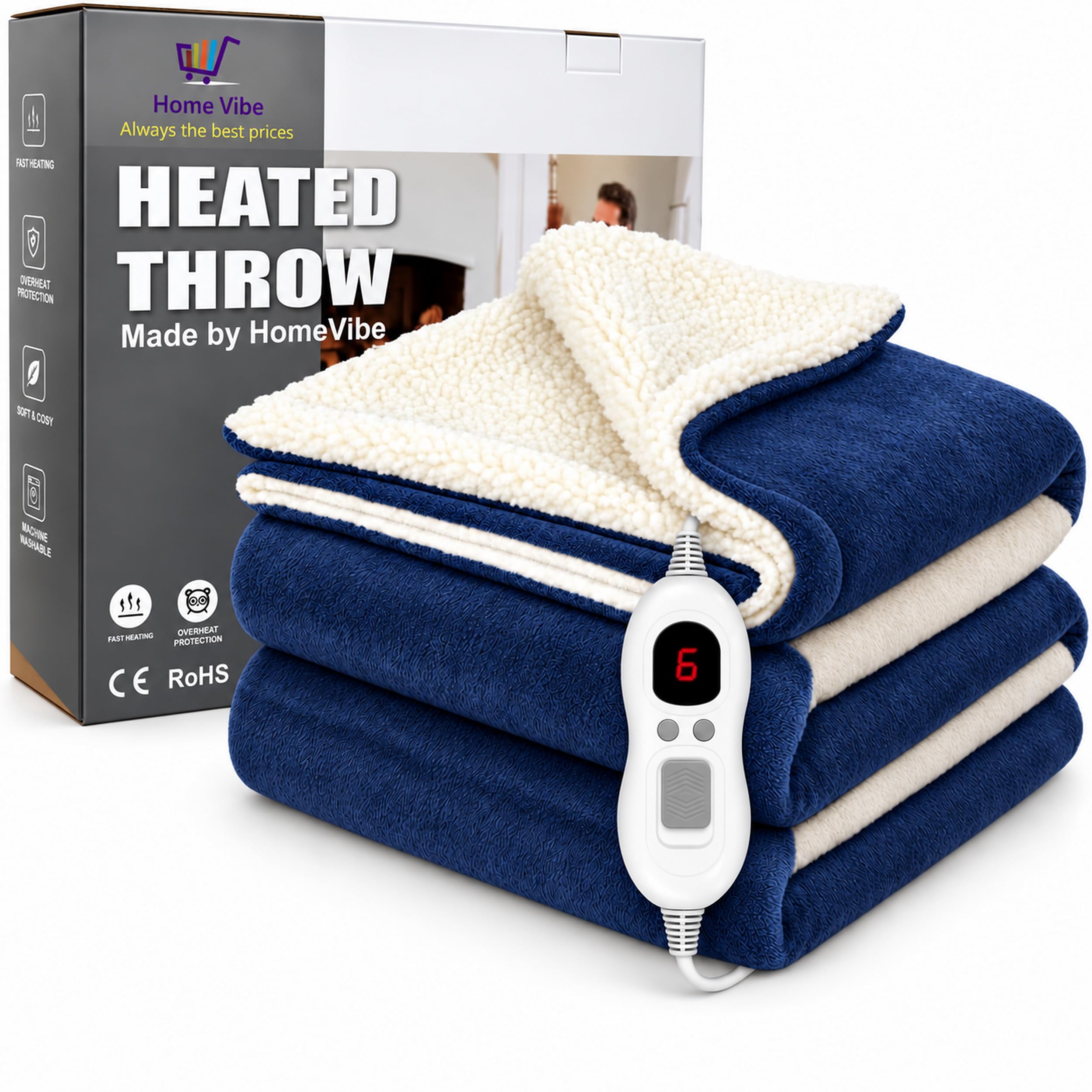 HomeVibe Heated Throw Blanket - Navy Blue, Soft Electric Fleece with 8 Heat Settings, Fast Heating & Overheat Protection, Machine Washable, Perfect for Sofa or Bed
