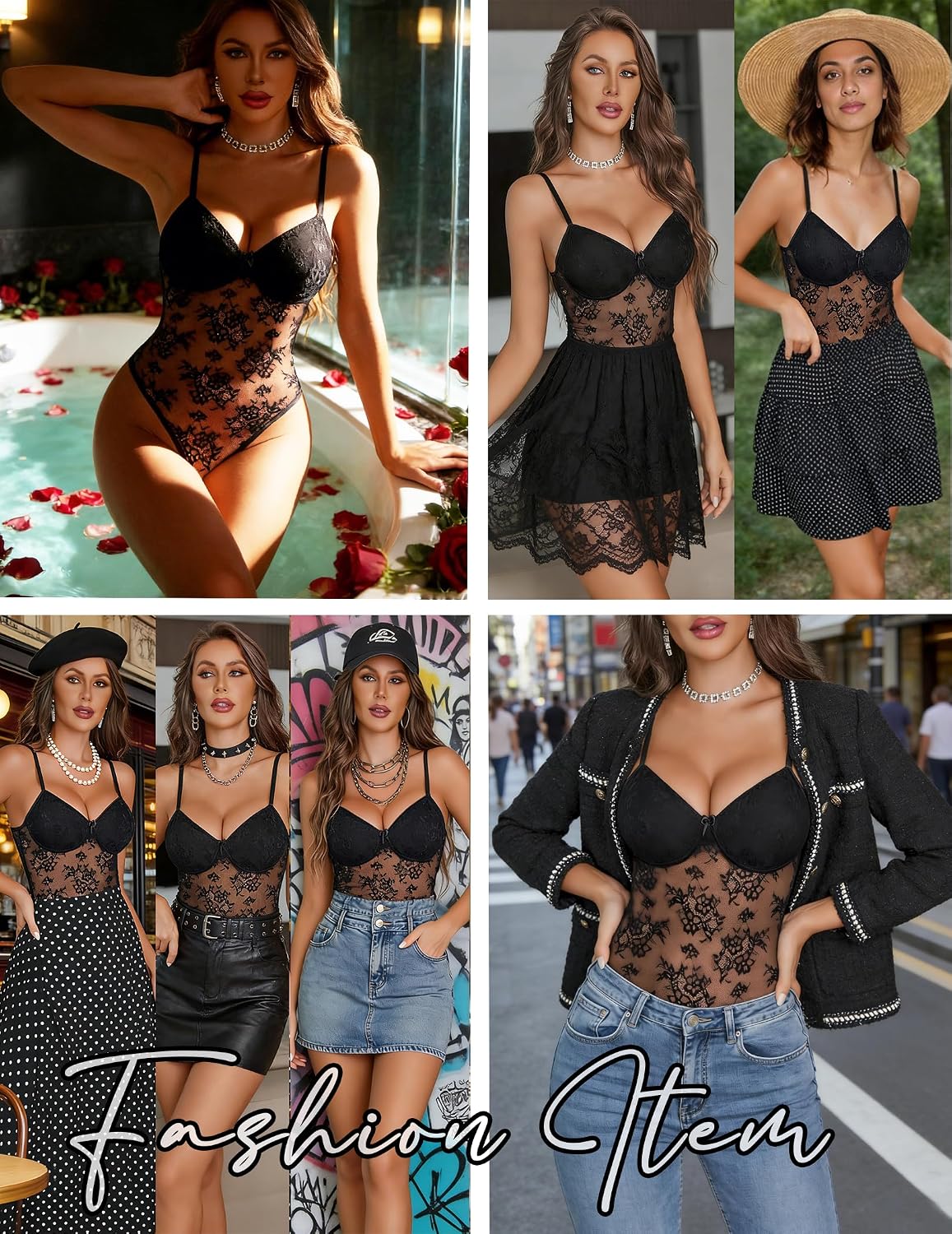 Avidlove Lingerie for Women Lace Bodysuit Sexy Body Suit | Deep V Teddy Snap Crotch Lace Bralette for Women Camisole Adjustable See Through Underwear Mesh One Piece Babydoll