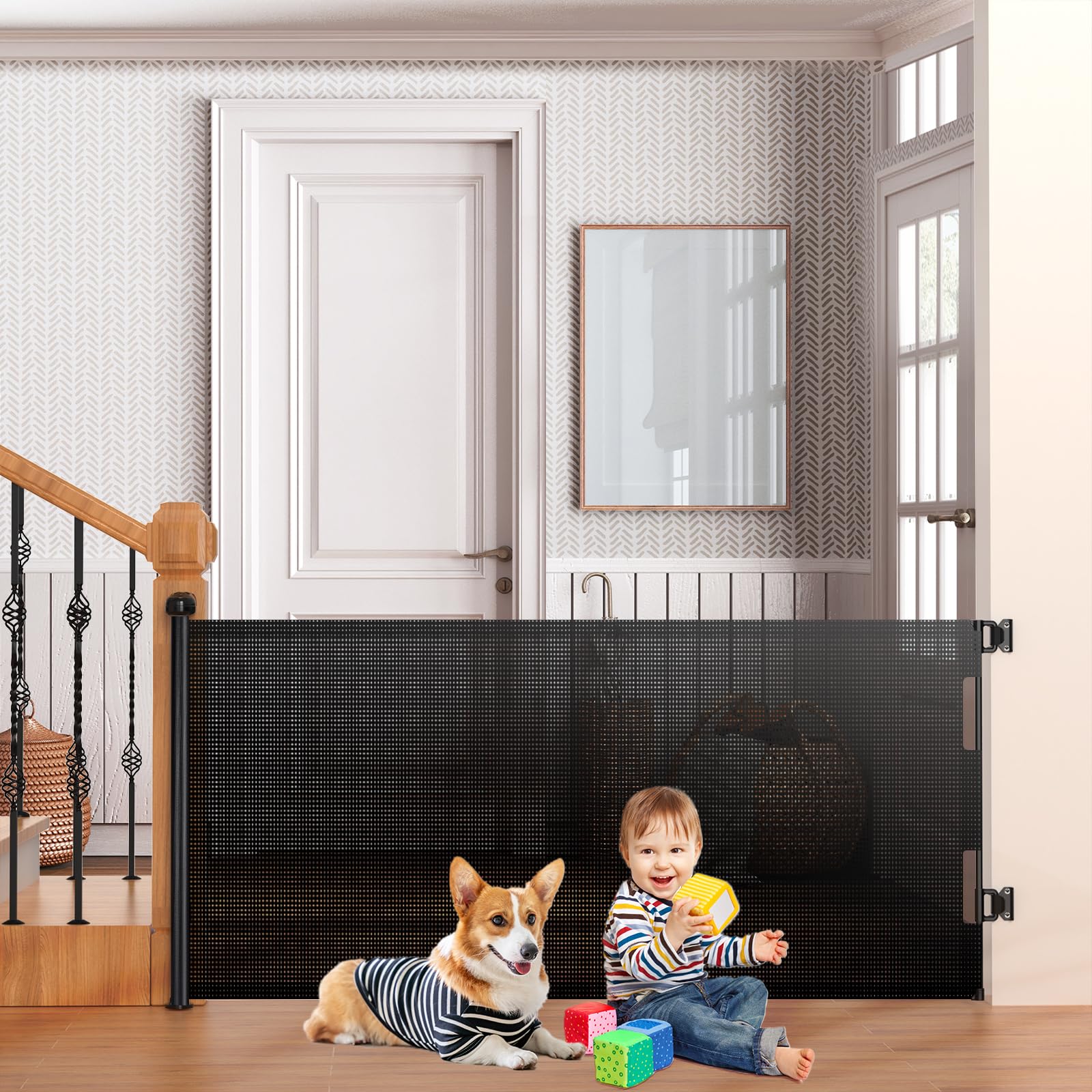 HAMOPY Auto Lock Retractable Baby Gate, 33" Tall, Extends up to 71" Extra Wide Baby Gate, Durable Mesh Dog Gate, Pets and Child Safety Gates for Stairs, Doorways, Hallways, Indoor, Outdoor(Black)