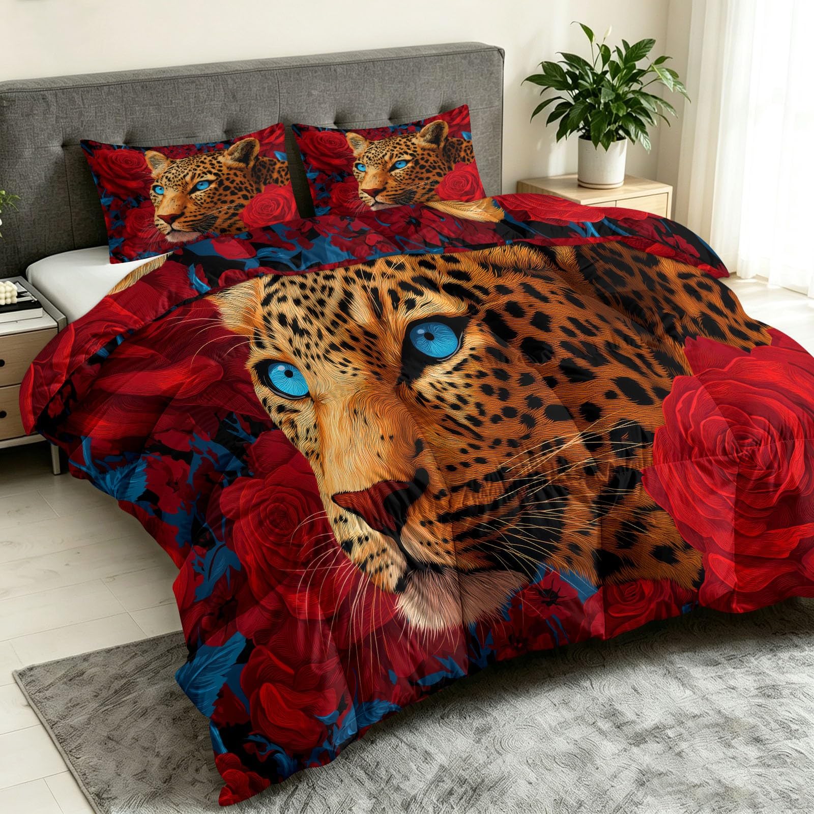 Poszewka na kołdrę King 7,5 Tog z 2 poszewkami na poduszki – 230 x 220 cm całoroczna kołdra dwustronna, gotyckie zwierzęce kwiaty lamparta, róże, lekka i przytulna, antyalergiczna, można prać w pralce