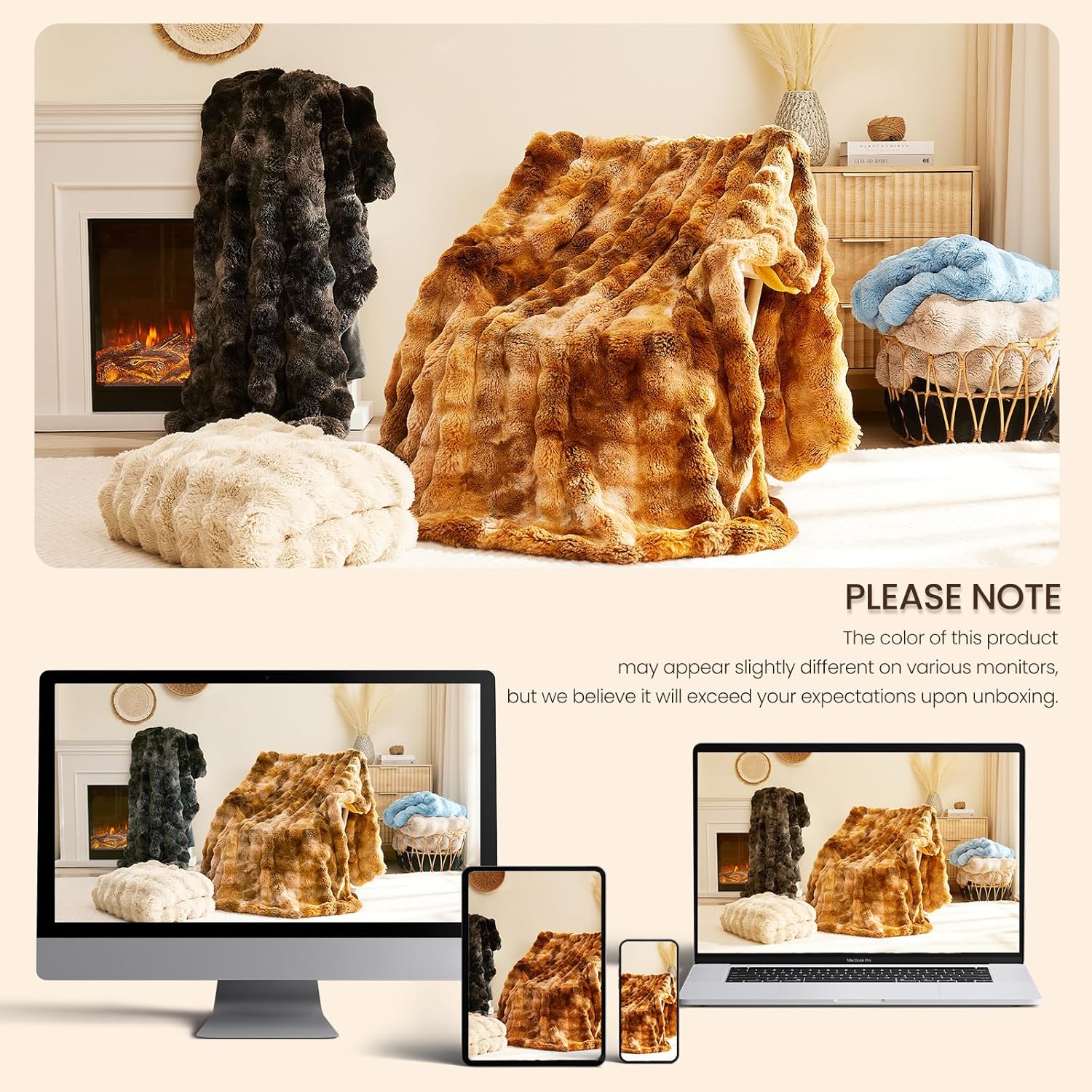 L'AGRATY Faux Rabbit Fur Blanket: 50" x 60" Luxury Soft Fluffy Thick Fur Throw Blanket for Couch Bed Sofa - Cozy Plush Bubble Blankets for Winter: Warm Flannel Fleece Decorative Blanket(Black) - Image 8