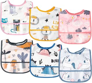 2ooya 6-Pack Waterproof Toddler Bibs with Crumb Catcher Pocket - Adjustable Baby Feeding Bibs, Animals Print, 6-24 Months Baby Shower Gift