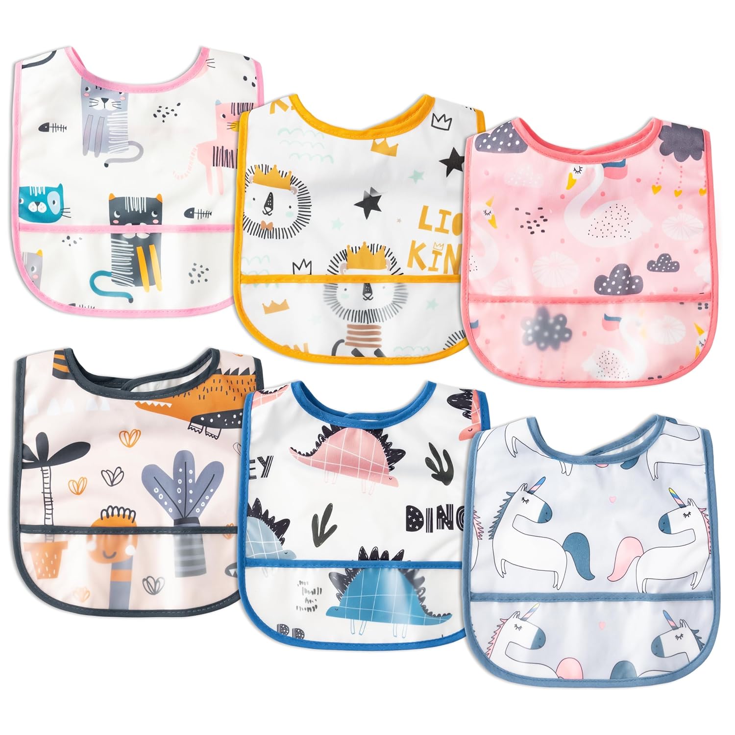 2ooya 6-Pack Waterproof Toddler Bibs with Crumb Catcher Pocket - Adjustable Baby Feeding Bibs, Animals Print, 6-24 Months Baby Shower Gift