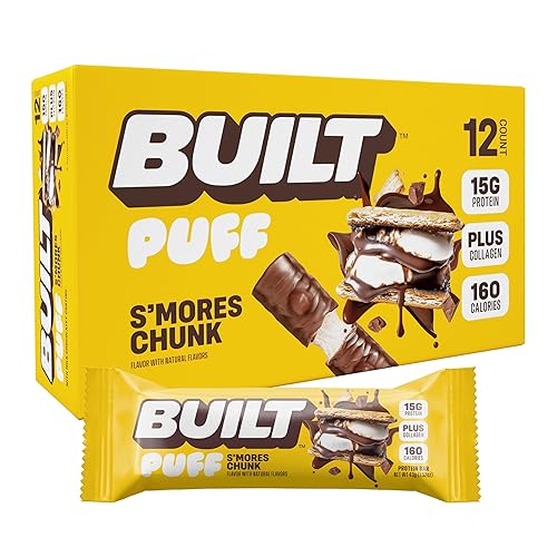 Built Bar, Puff Protein Bars, S'mores Chunk Puff, 15g Protein Snacks, On-The-Go Bars, Only 160 Calories, 9g Sugar, Collagen, Not Gluten Free, 12 Count - S'mores Chunk Puff - 12 Count (Pack of 1)
