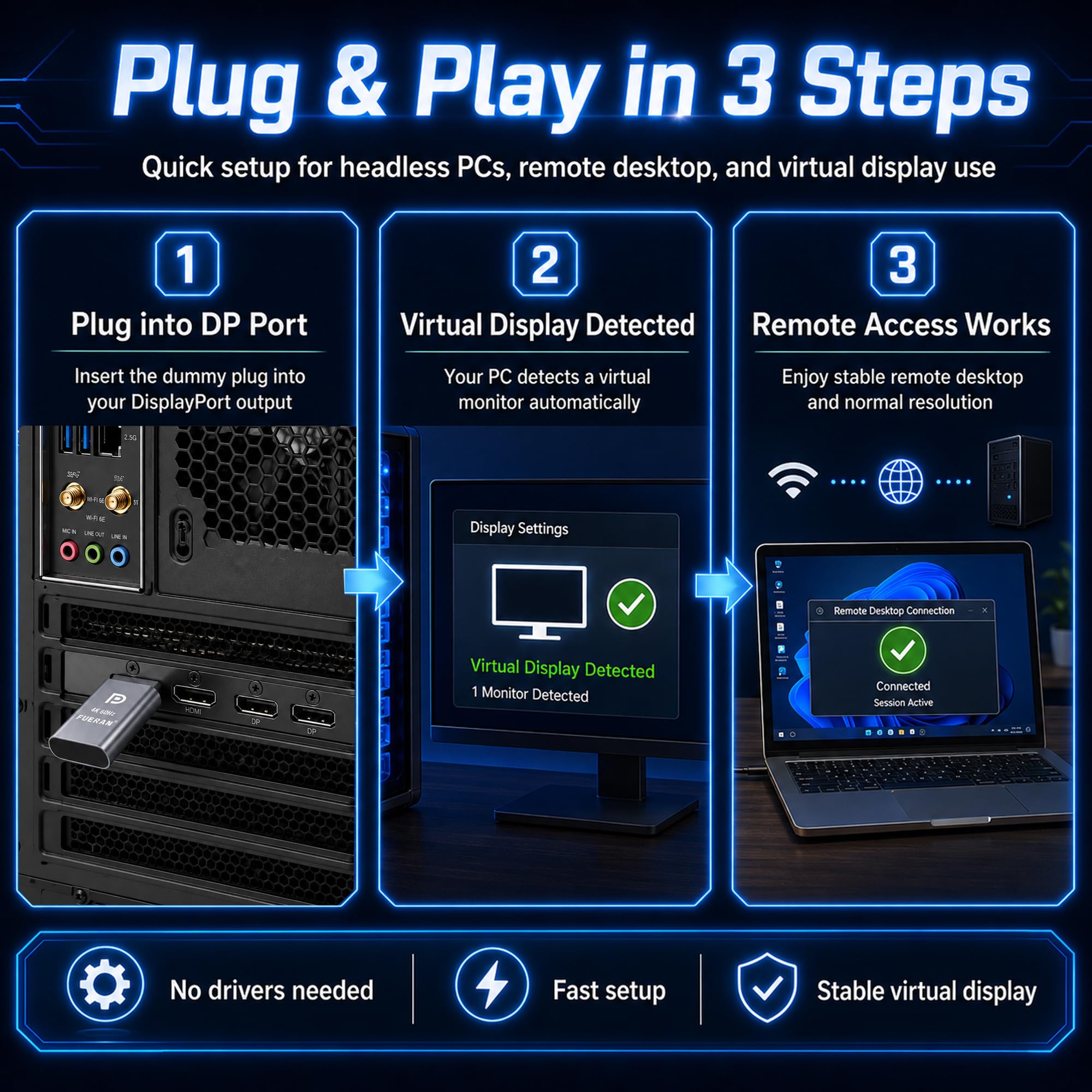 4K60Hz DP Dummy Plug, 3840x2160@60Hz 1440P@120/144Hz 1080P@120/144/240Hz Display Virtual Display Emulator Displayport Dummy Plug, Headless Ghost Display Adapter, Monitor EDID (Grey, 1 Pack)