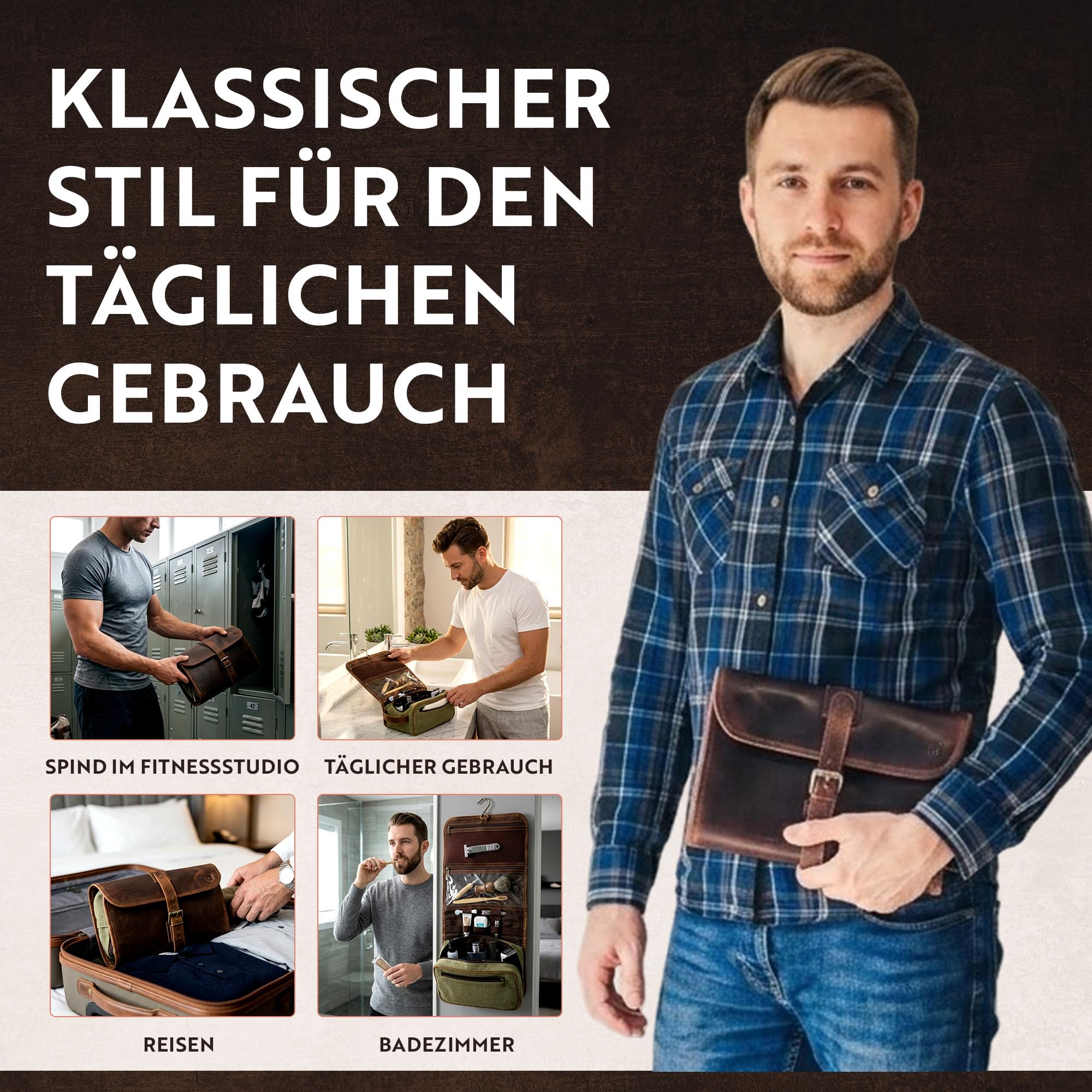 Moonster Kulturtasche Damen & Herren - Kosmetiktasche aus Echtem Büffelleder - Faltbarer Kulturbeutel Herren zum aufhängen - Tabaktasche mit Mehreren Taschen, Messinghaken & YKK-Reißverschlüsse