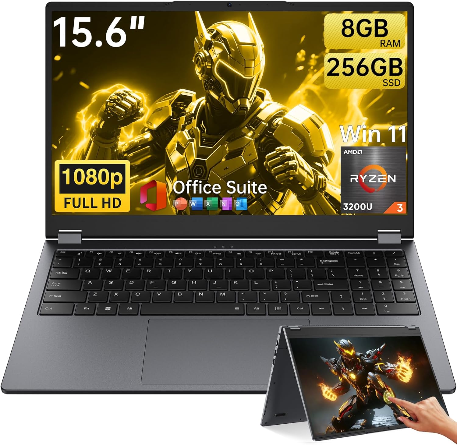 15.6" Laptop Computer, 8GB RAM 256GB SSD AMD Ryzen R3 3200U(up to 3.5 GHz) Laptop, 360° Yoga FHD IPS sRGB Touchscreen 2 in 1 Notebook Win 11 Pro Office Suite 2.4G & 5G WiFi 5 BT 5.0 USB 3.0