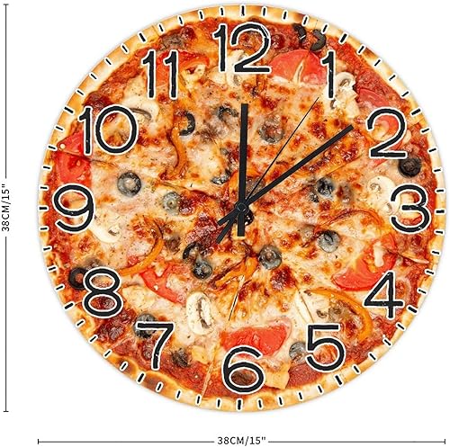 Miniatura 2 de Reloj redondo de madera para pared, comida y pizza, con números arábigos, silencioso, sin tictac, funciona con pilas, para decoración de casa de