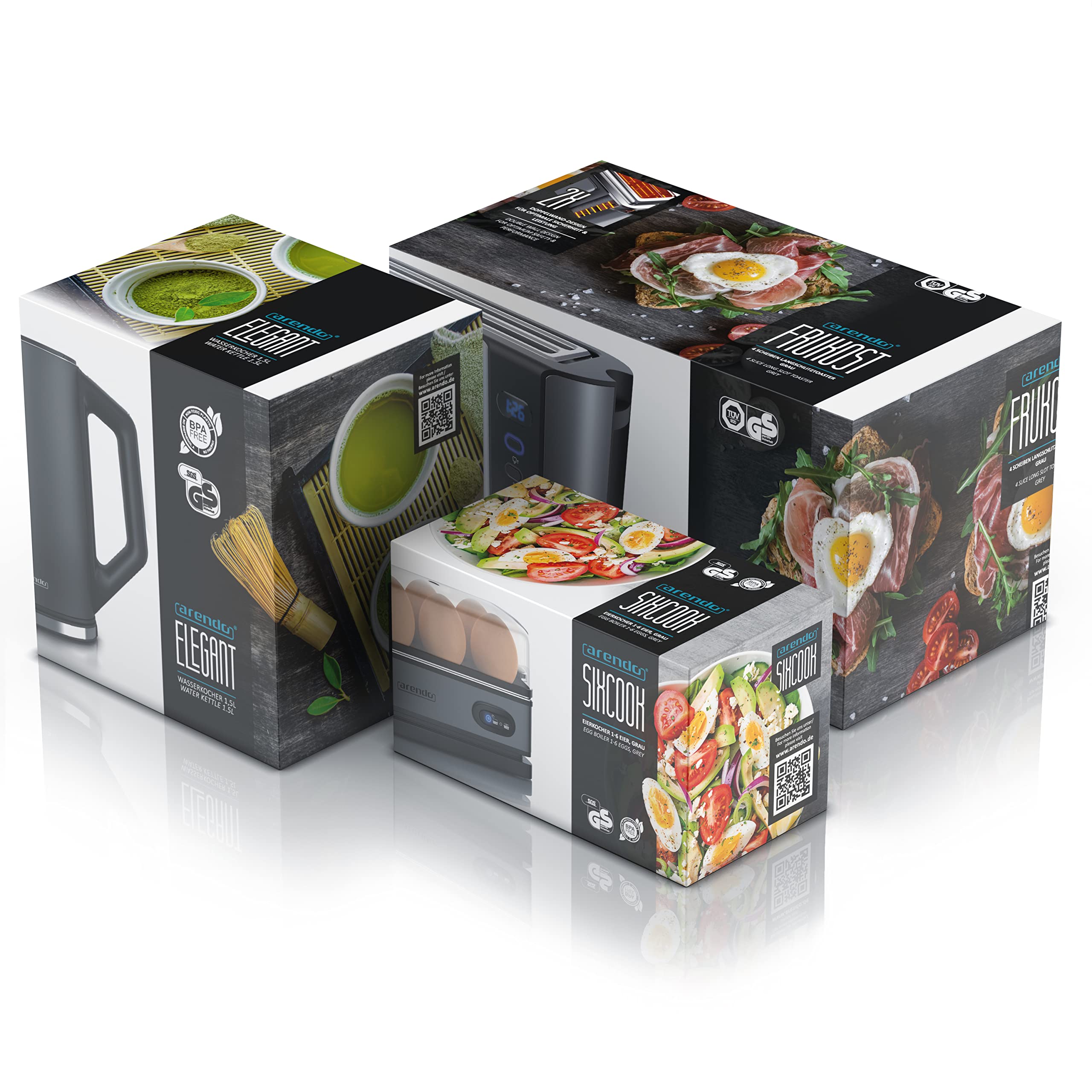 Arendo Wasserkocher Toaster Eierkocher Set Edelstahl 1,5L 4 Scheiben LED-Display 6 Bräunungsgrade 1-6 Eier