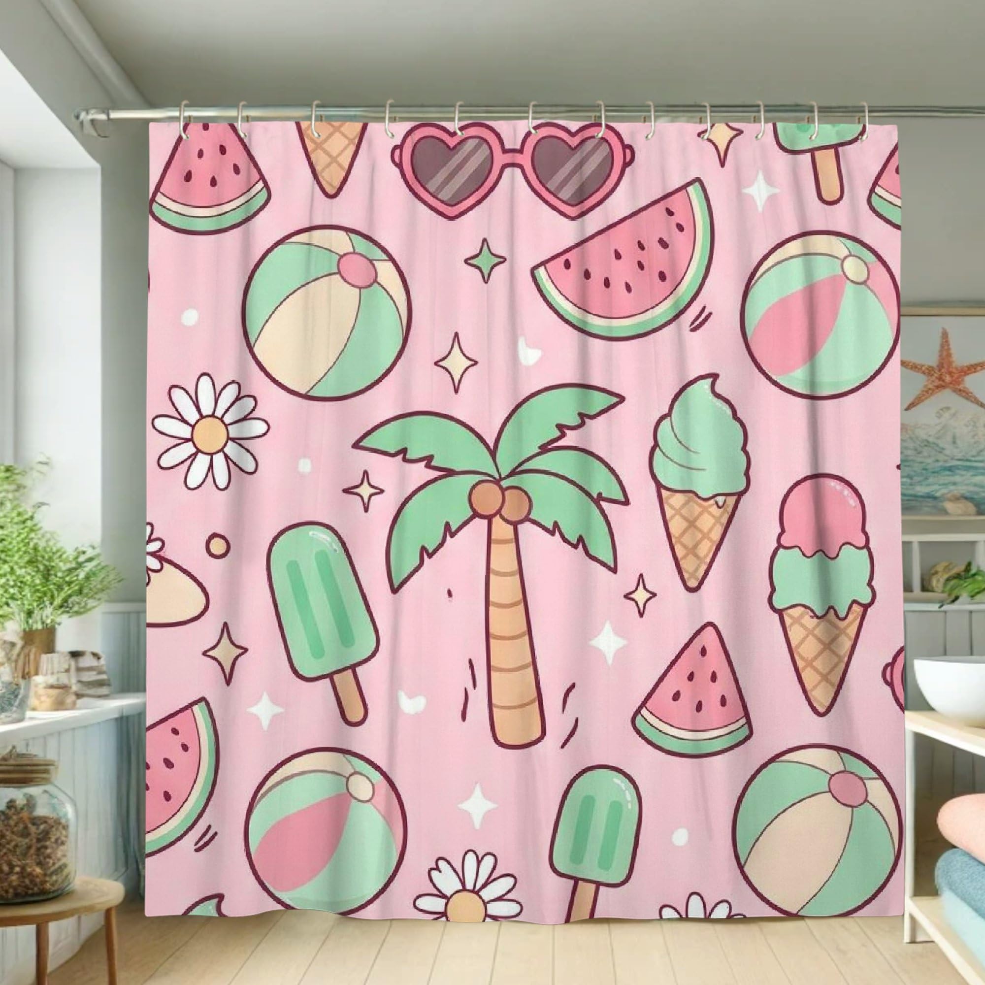 Rideau de douche 183 x 183 cm anti-éclaboussures imprimé fruits tropicaux crème