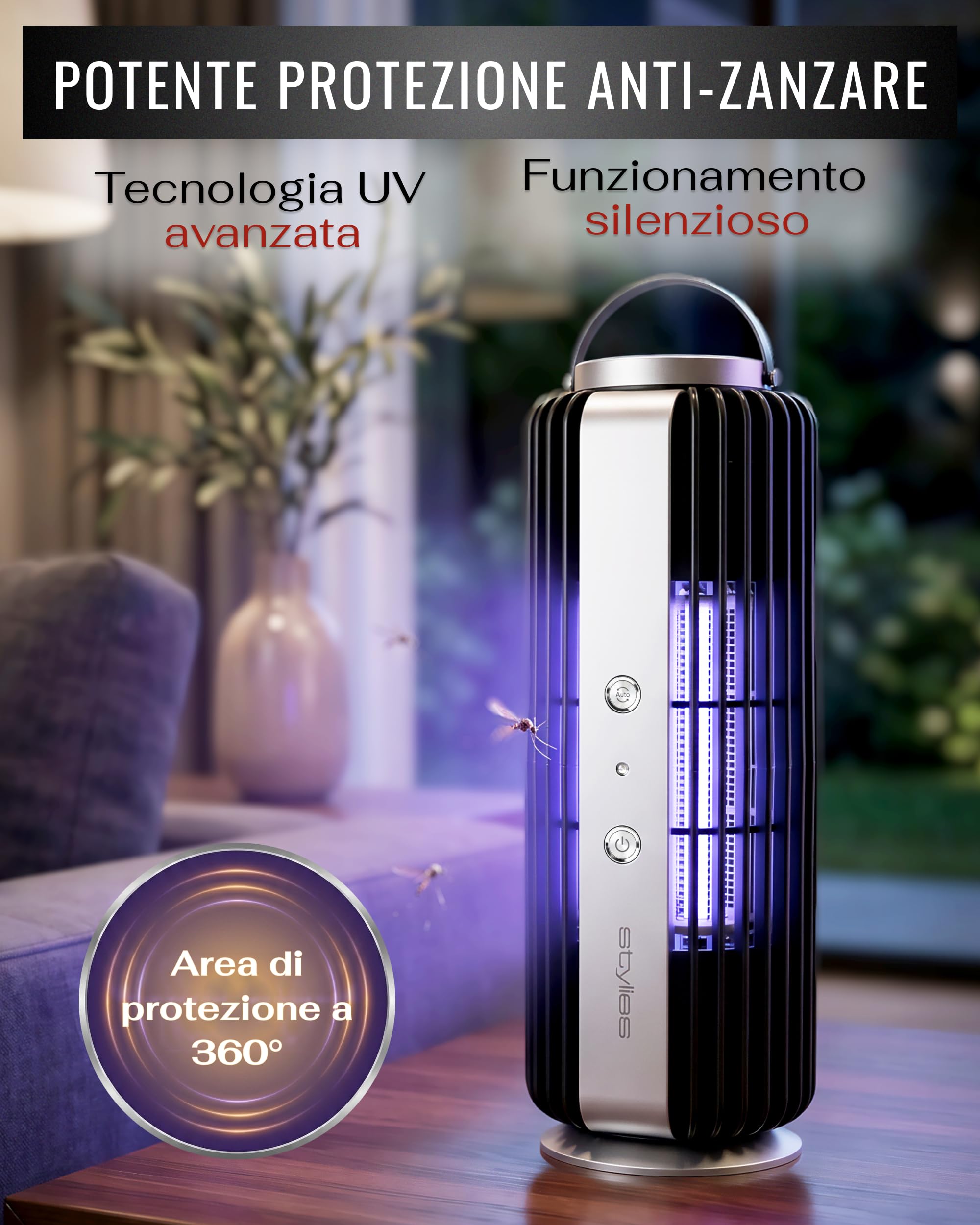 Auriga Lampada Antizanzare Elettrica con Elettroshock e Aspirazione | 8 W con sensore di luce automatico, per interni fino a 60 m²; da appoggio, parete o sospesa, con vaschetta removibile.