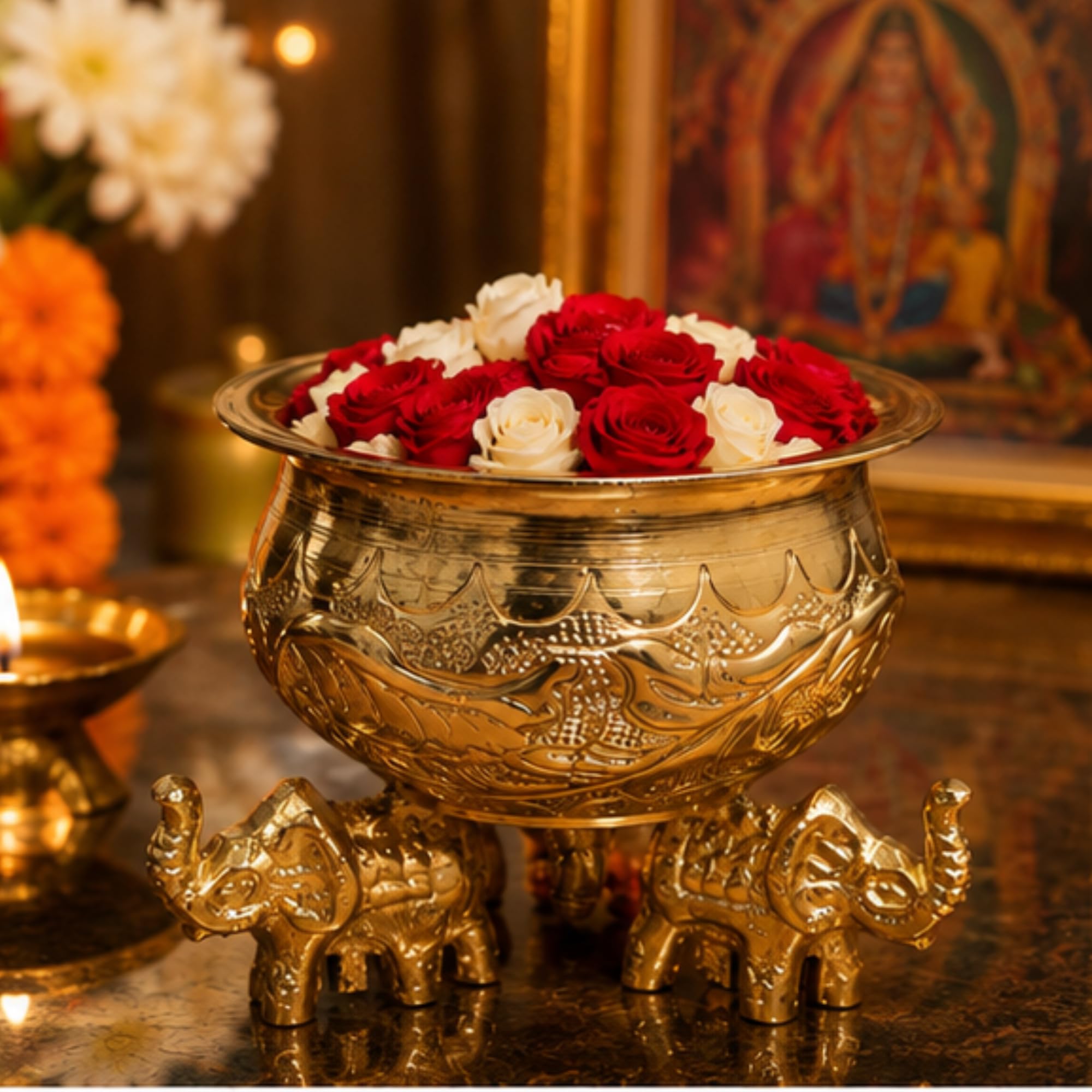 Webelkart Premium Decorative Gold Plated Urli Bowl with Elephant Stand | Floating Flower Bowl for Home Décor | Urli for Living Room,Temple | Ideal for Diwali, Wedding & Housewarming Gift (4.5"Inches )-image-0