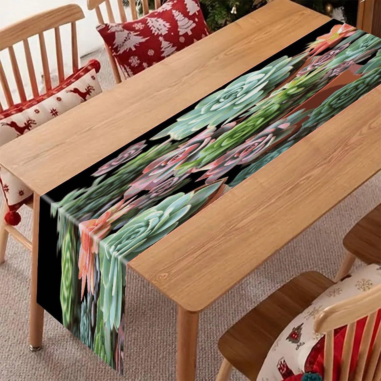 Adfgyerh Style Succulents Table Runner，Pure Linen Chambray ,Boho Table Runner，Heavy Duty Washable Fabric Decorations ，For Party Kitchen Dining Table Coffee Holiday Party Decor (12X70.87 Inches)