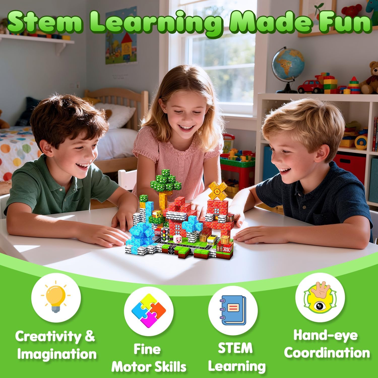 Magnetic Blocks, 100PCS Magnetic Building Blocks, Stacking Magnets for Kids, Sensory Toy for STEM Constructions Magnet Blocks for Boys Girls Age 3+, Christmas Birthday Gifts (Green Traffic Forest)