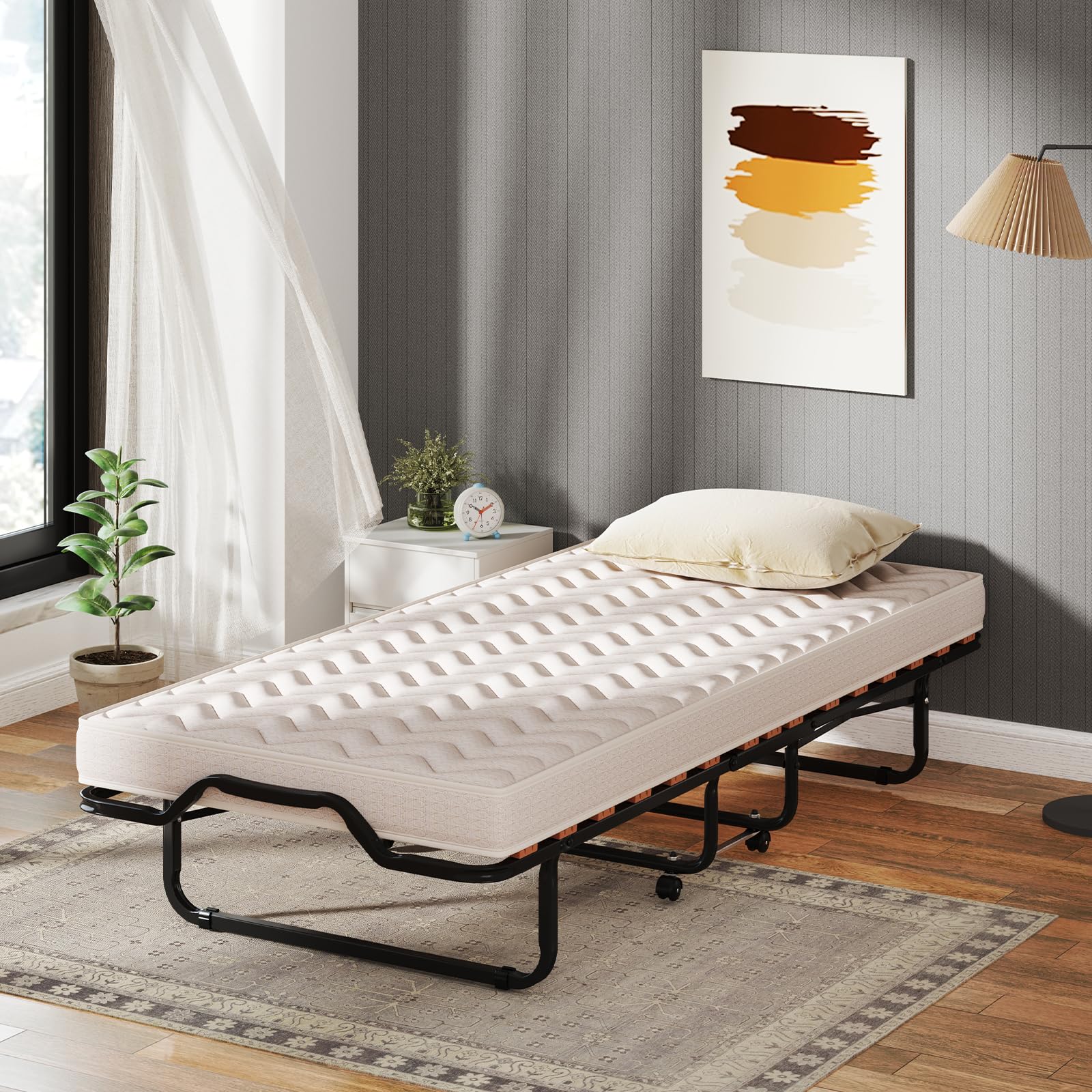 COSTWAY Brandina Pieghevole con Materasso, Struttura Metallica, Materasso in Memory Foam, Trapuntatura a Onda con Imbottitura a Doppia Fibra, 200x90x41 cm, Made in Italy (Stile 2 Beige)
