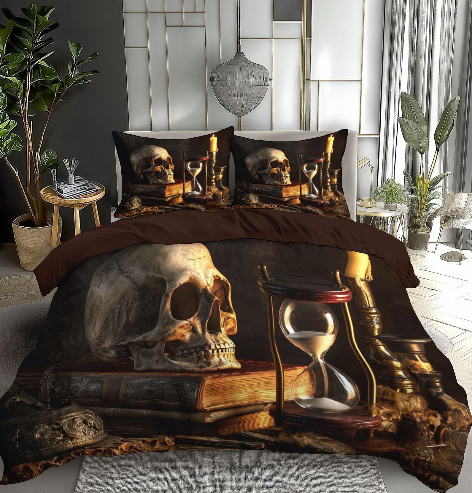 Housse de couette 200x200 crâne vert olive style gothique médiéval lit 2 personnes