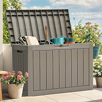 Outdoor Storage Box, 45 Gallon Waterproof Resin Deck Box, Lockable Organizer for Patio, Poolside, Deck, Cushions, Throw Pillows, Garden Tools, Brown