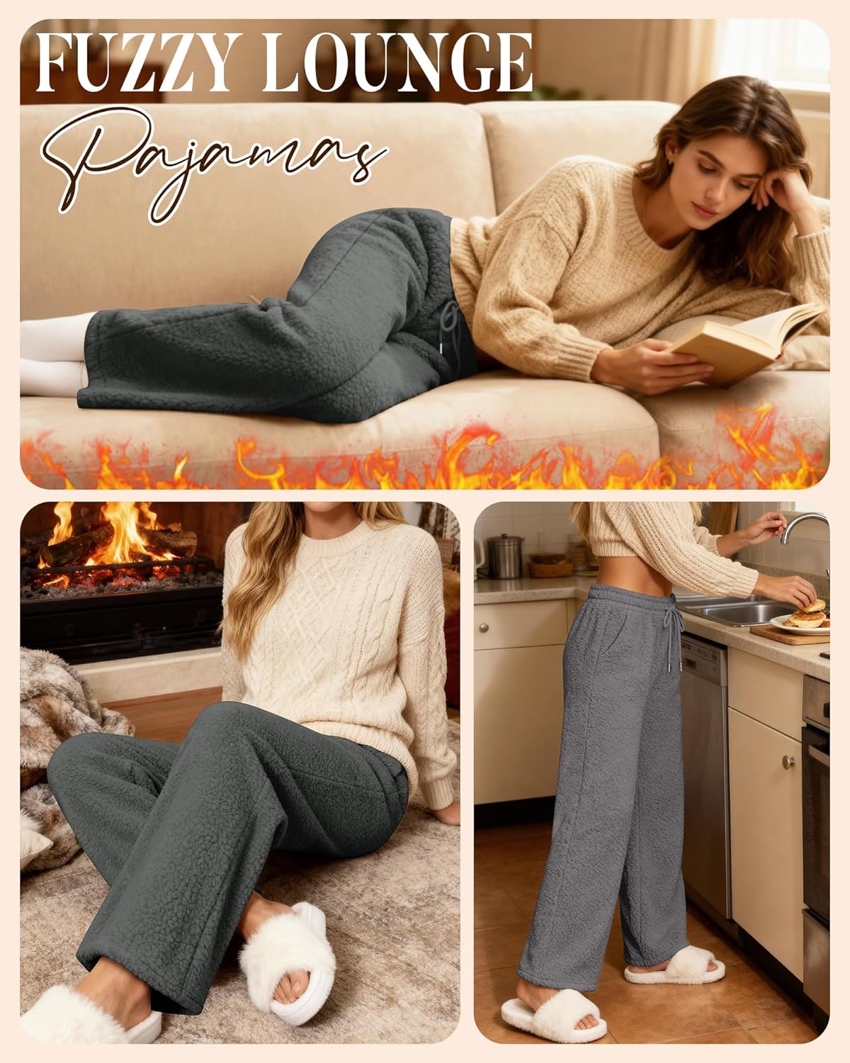 2 Pack Women's Fleece Sweatpants Wide Leg Winter Thermal Pants Drawstring Waist with Pockets Fuzzy Lounge Pajamas - Image 3