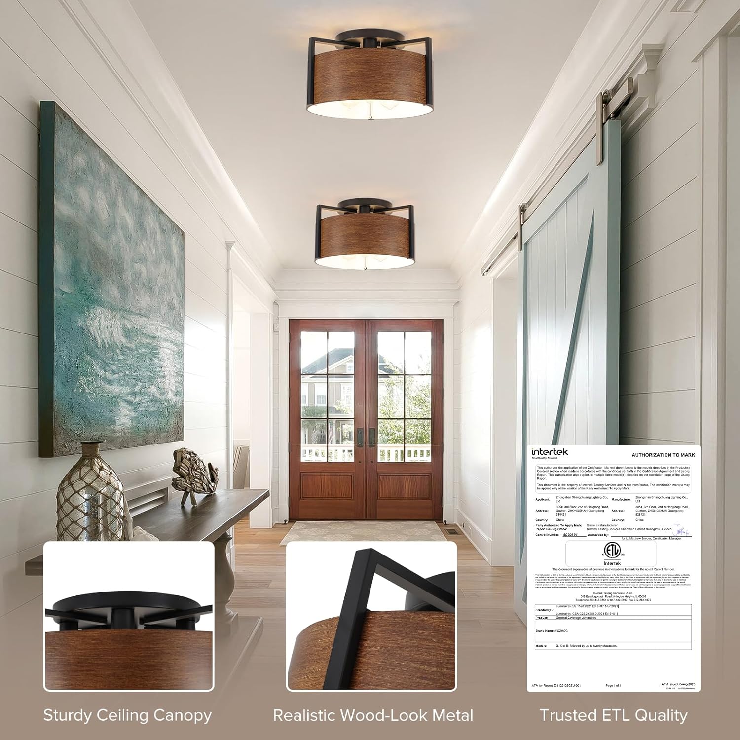 15'' Farmhouse Semi Flush Mount Ceiling Light, 3-Light Rustic Hallway Entryway Light Fixtures, Metal Wood Grain Finish Close to Ceiling Lights for Kitchen Dining Room Bedroom Living Room Foyer, Brown