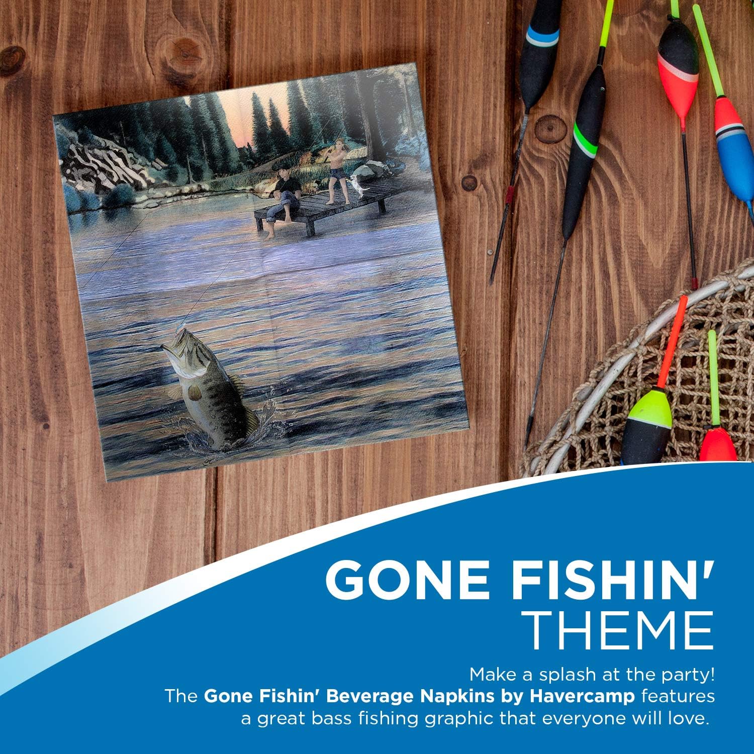 Tech Deals 🔥 Fishing Beverage or Cocktail Napkins Gone Fishin' Party Collection (16 pack) by Havercamp