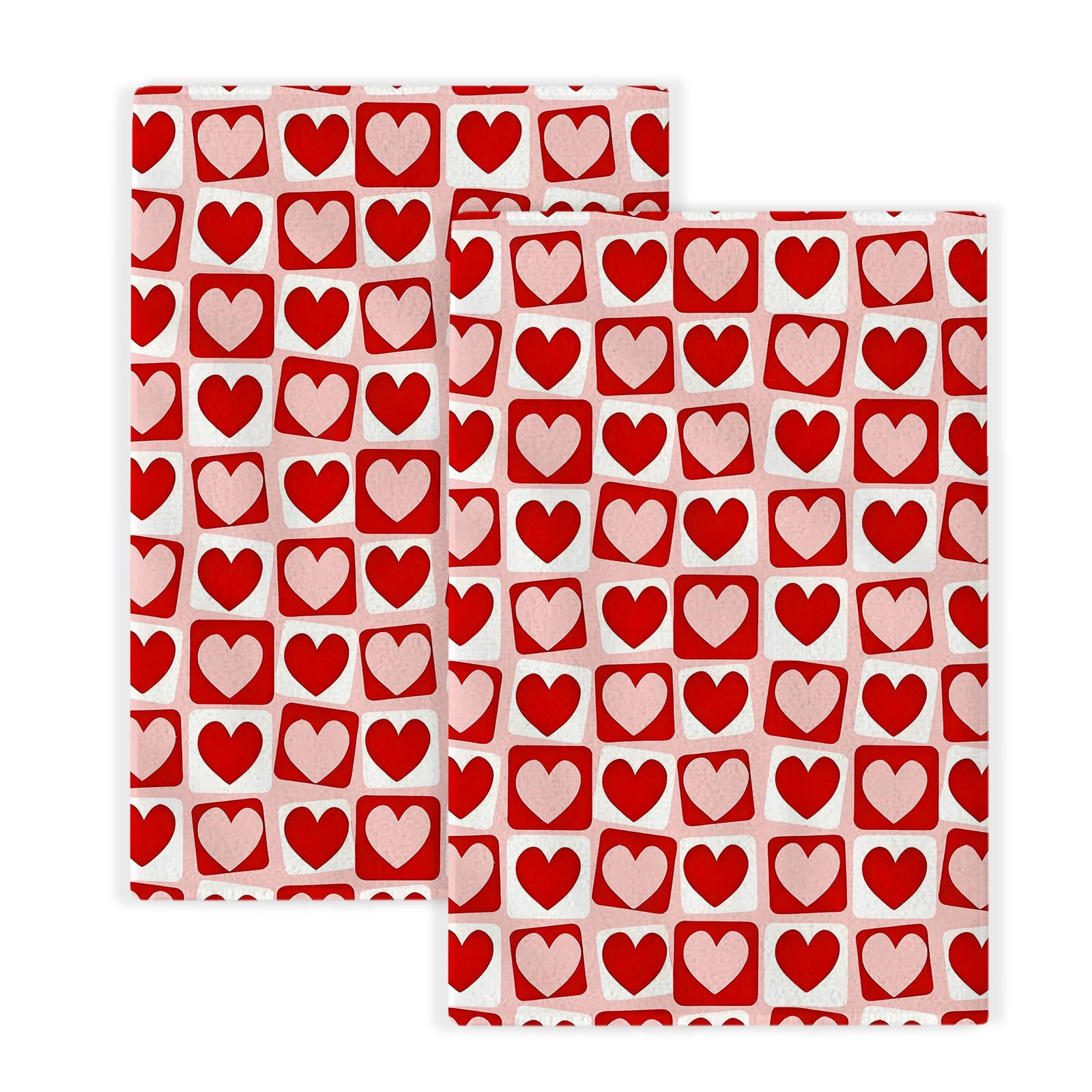 Valentines Day Kitchen Towels Love Pink Red Heart Plaid Dish Towels, 16x24 Inch Holiday Checkered Valentines Decorative Hand Towels Absorbent Dish Cloths for Kitchen Dinner Drying Set of 2