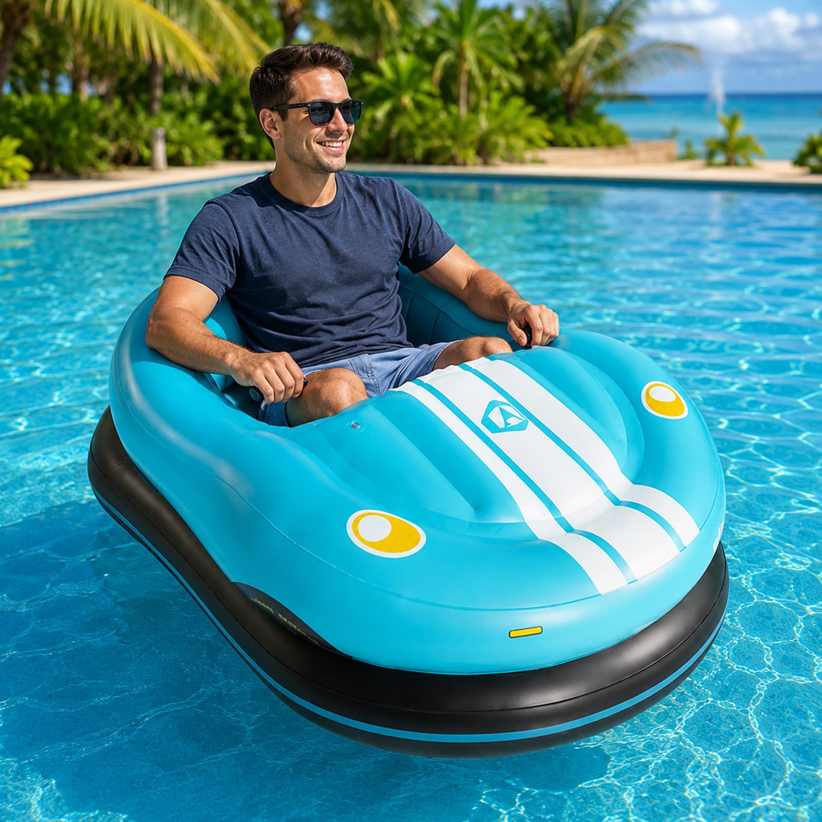 Tumbona Motorizada para Piscina, Flotador Eléctrico para Adultos con Propulsor 46W, Joystick 360° Sensible, 2 x 2600mAh Baterías, Carga 120kg para Piscinas y Lagos Tranquilos Blue