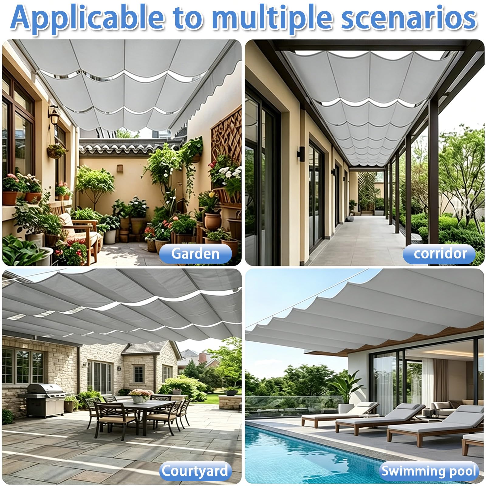 Einziehbare Welle Sonnensegel, Verstellbar Schattenabdeckung mit Kordel und Ösen, Wasserdicht Outdoor Pergola Sonnenschutz Markise für Balkon Garten Terrasse Überdachung-Light Gray||180x300cm
