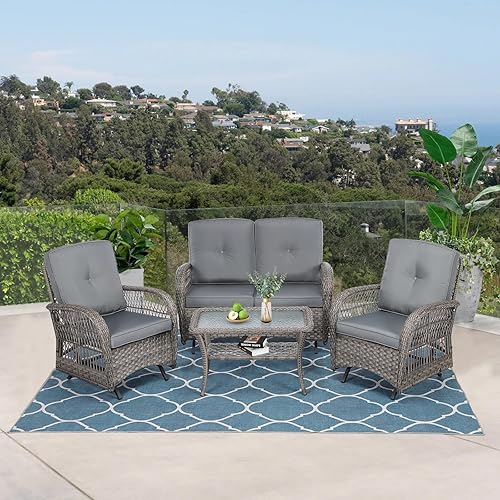 Miniatura 10 de VIVIJASON Silla mecedora de mimbre para exteriores, 2 piezas, sillas mecedoras de ratán para patio con cojines y marco de acero, muebles de mimbre