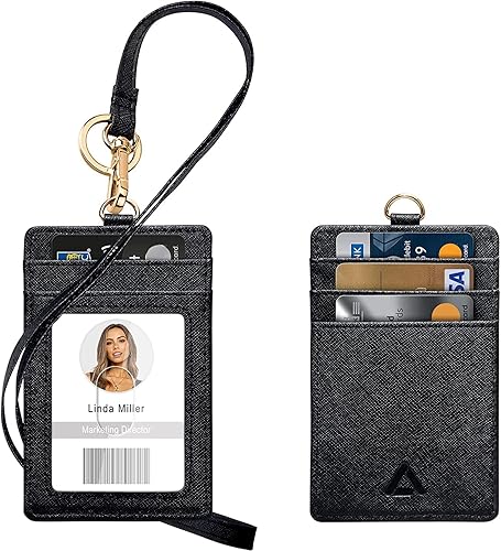 Miniatura 6 de Soporte para tarjetas de identificación con cordón soporte vertical de piel sintética con 1 ventana de identificación transparente 4 ranuras para