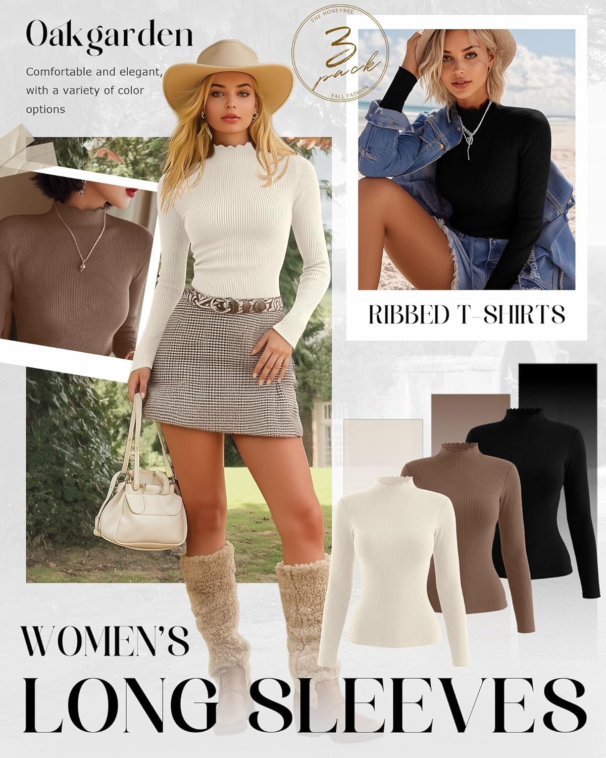 Oakgarden 3 Pack Women's Cotton Long Sleeve Mock Turtleneck Tops Ribbed Lettuce Trim Slim Fit Shirts Thermal Base Layer - Image 3