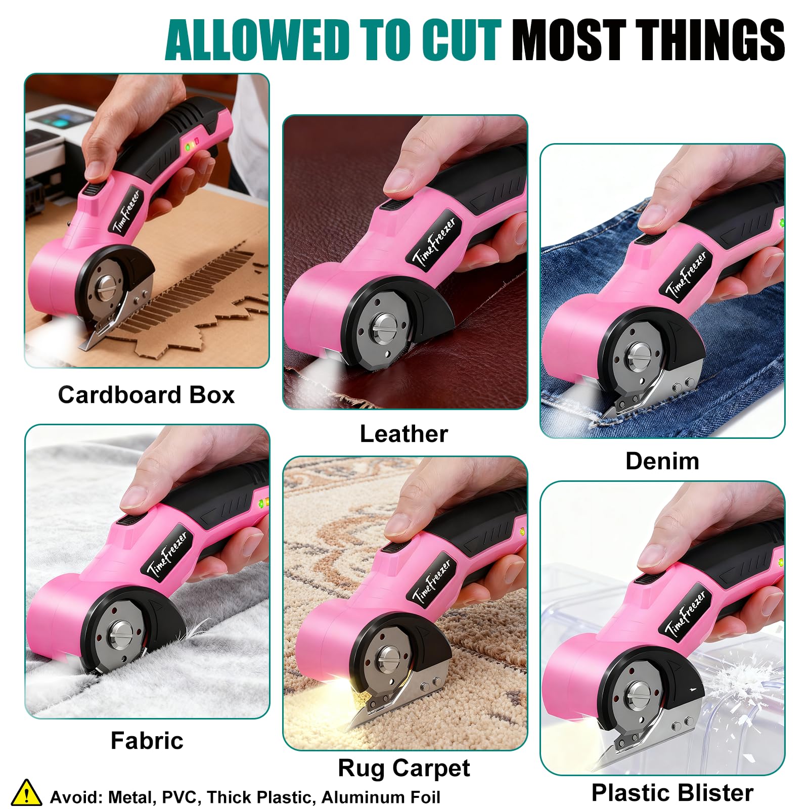Cortador de cartón eléctrico, ancho 3,3 cm, longitud 23 cm, tijeras de cartón recargables adecuadas para parper, caja, cuero, tela, alfombra, ampolla de plástico, bloqueo de seguridad y luz LED (rosa)