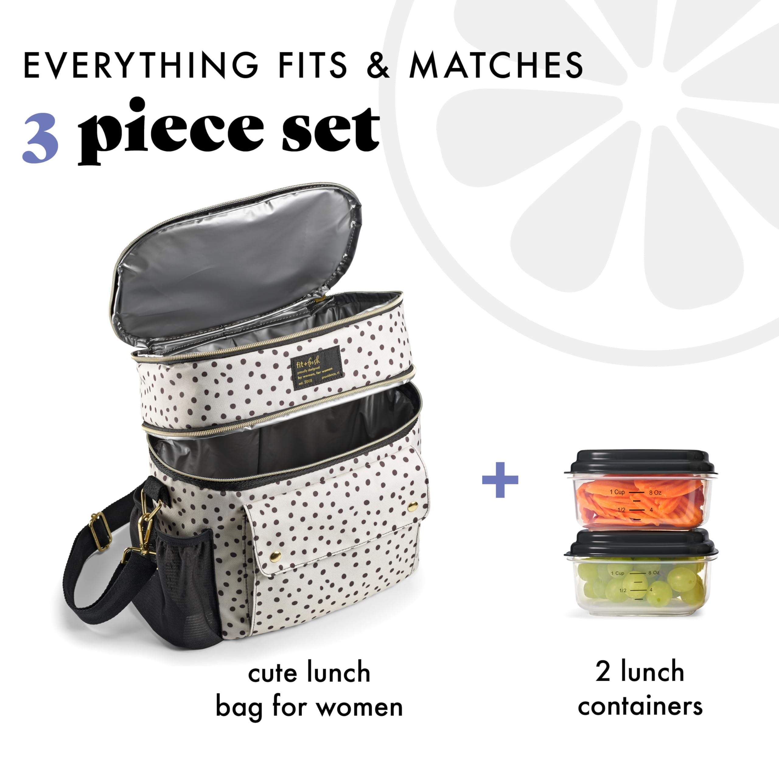Fit & Fresh Westminster - Bolsa de almuerzo isotérmica con doble compartimento para mujer, paquete completo con 2 contenedores, bolsa isotérmica de doble compartimento con correa ajustable, lunares