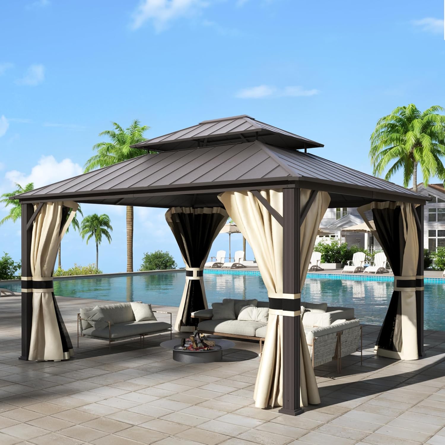 UDPATIO 12' x 14' Hardtop Gazebo,Aluminum Frame Galvanized Steel Double Roof Permanent Gazebo, Outdoor Metal Gazebos with Mosquito Netting and Curtains for Garden, Parties, Patio, Deck, Lawns, Beige