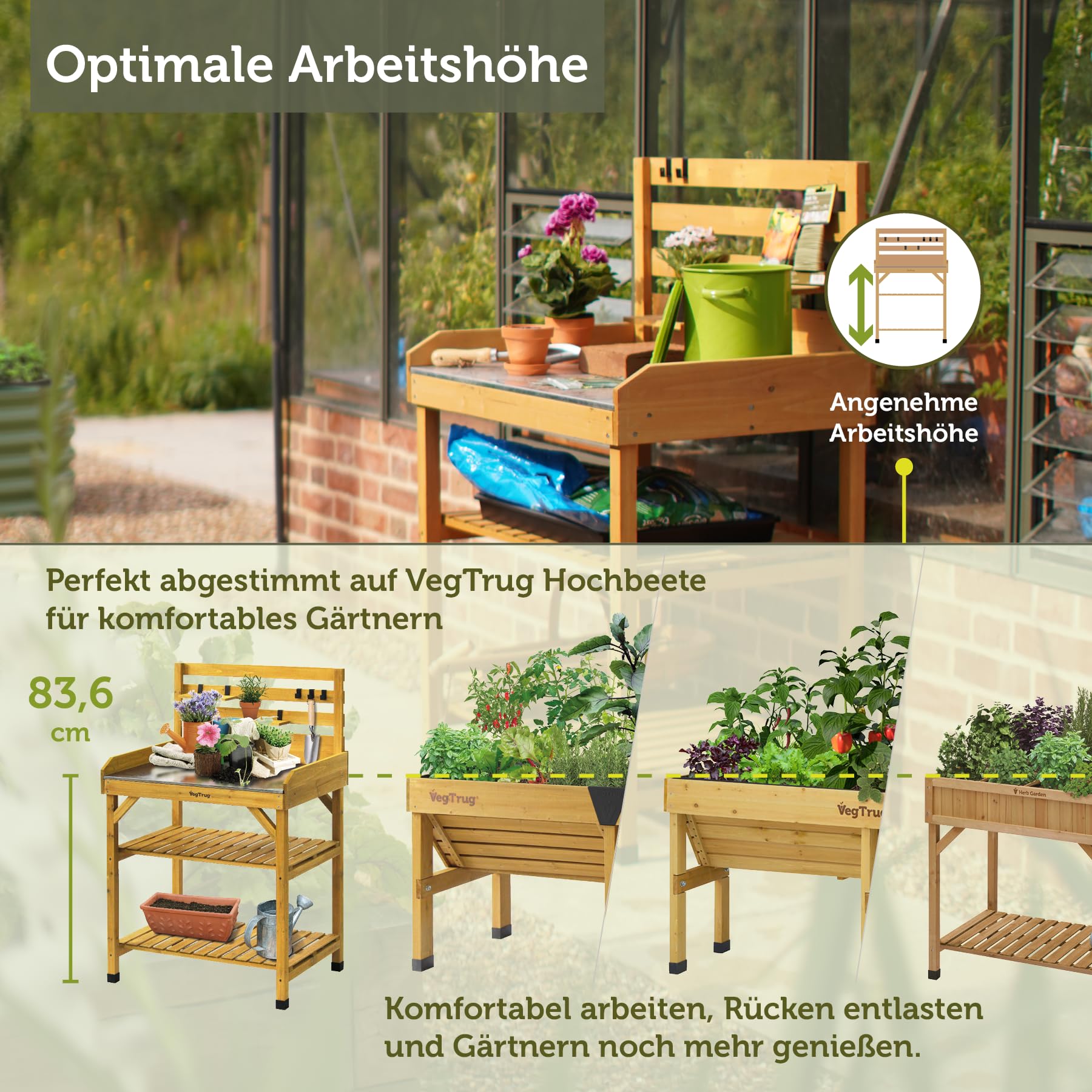 VegTrug® Mesa de Cultivo 100% Madera certificada FSC, 81 x 56 x 125 cm, Color Natural